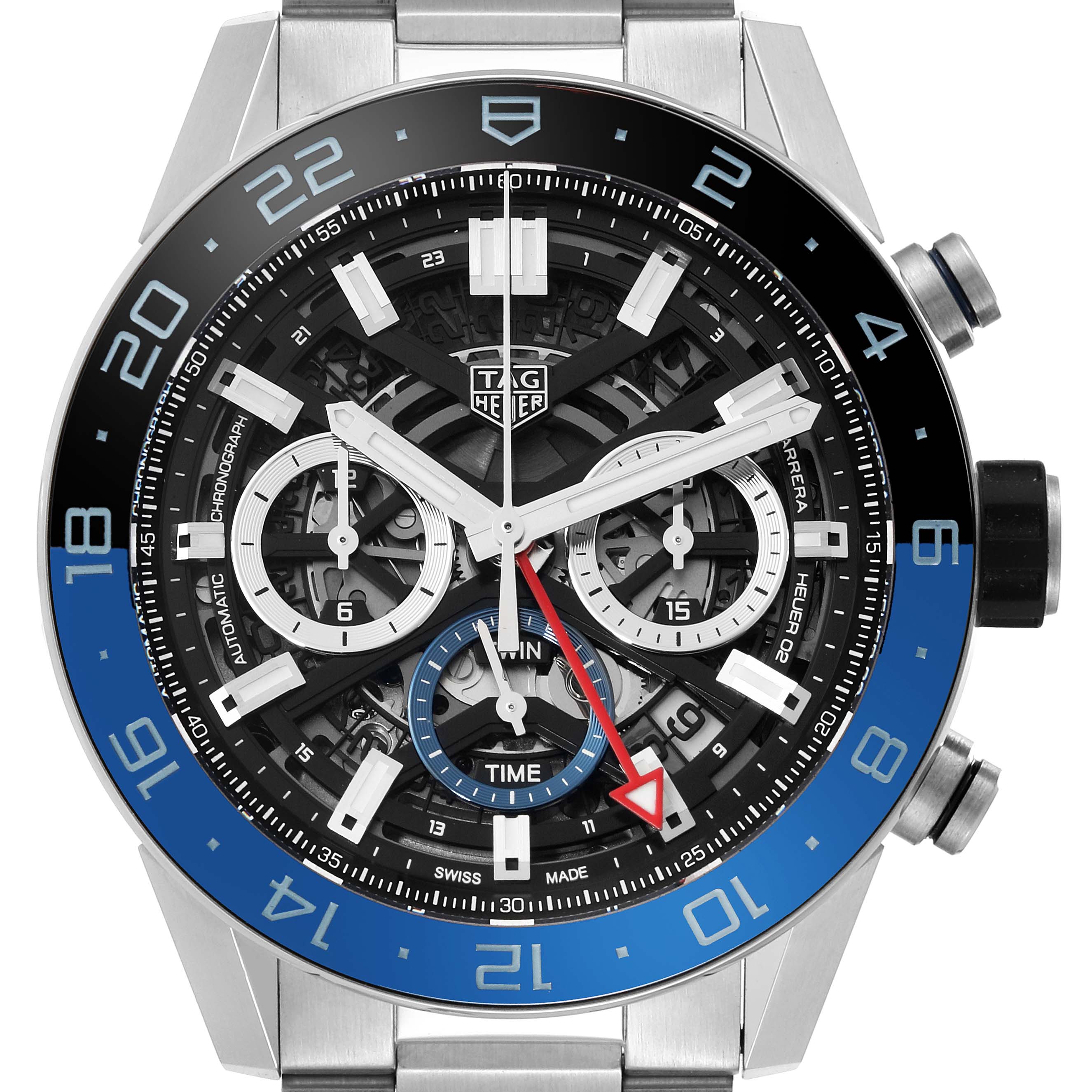 This image shows a frontal view of the Tag Heuer Carrera CBG2A1Z.BA0658 Men's Stainless Steel Black Dial CBG2A1Z.BA0658 Men's Stainless Steel Black Dial watch, highlighting the dial, chronograph sub-dials, and bezel.
