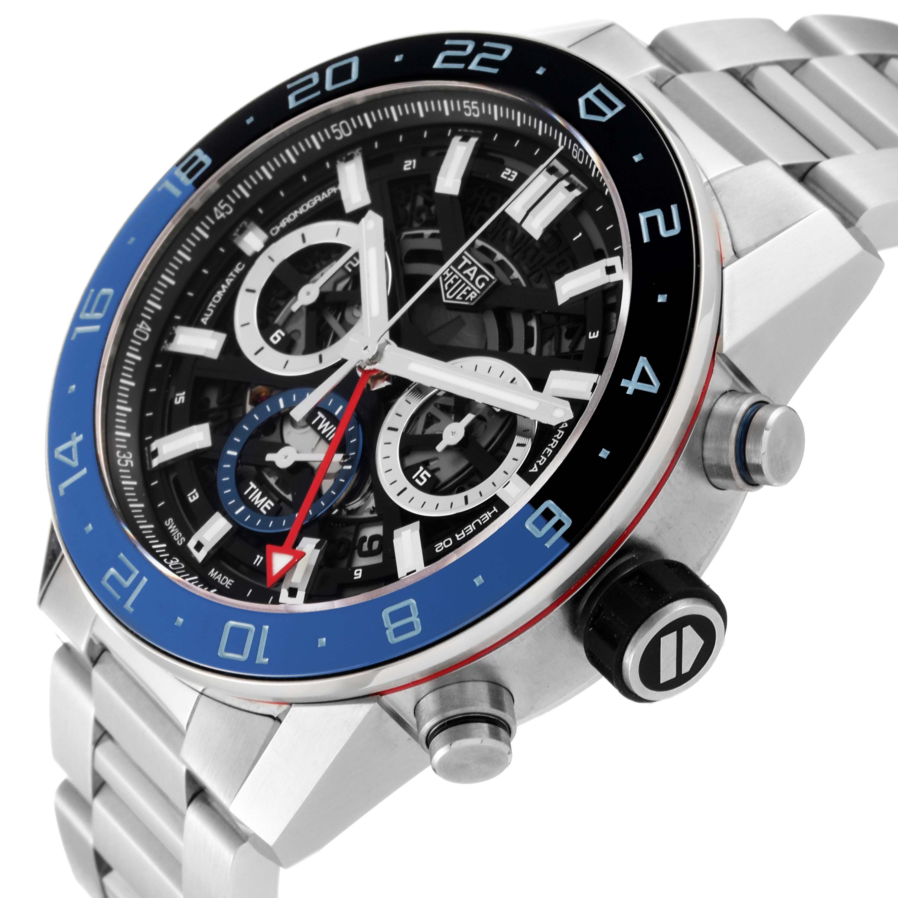 The image shows a close-up, angled view of the face and side buttons of a Tag Heuer Carrera CBG2A1Z.BA0658 Men's Stainless Steel Black Dial CBG2A1Z.BA0658 Men's Stainless Steel Black Dial watch.