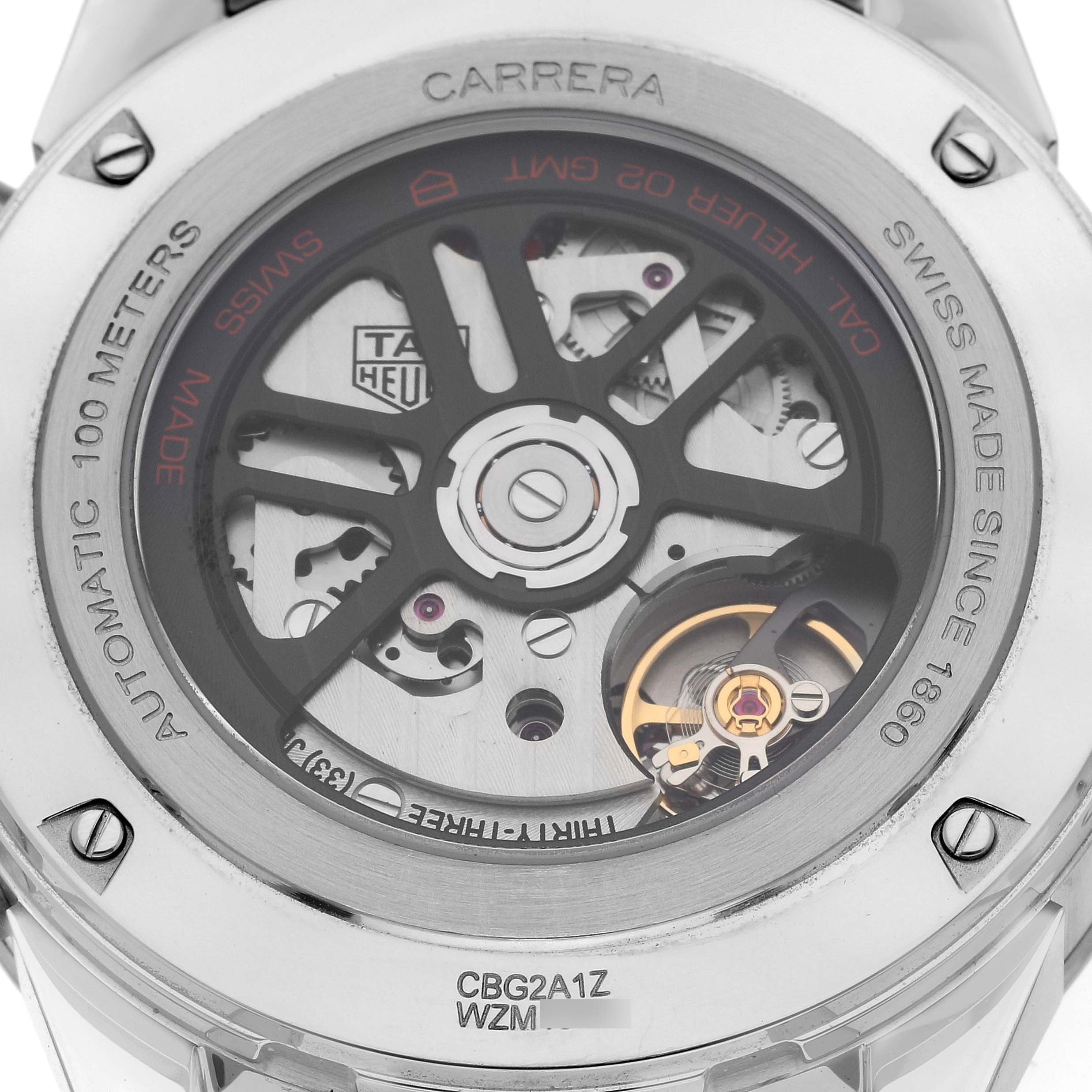 The image shows the back view of a Tag Heuer Carrera CBG2A1Z.BA0658 Men's Stainless Steel Black Dial CBG2A1Z.BA0658 Men's Stainless Steel Black Dial watch, displaying its automatic movement mechanism.