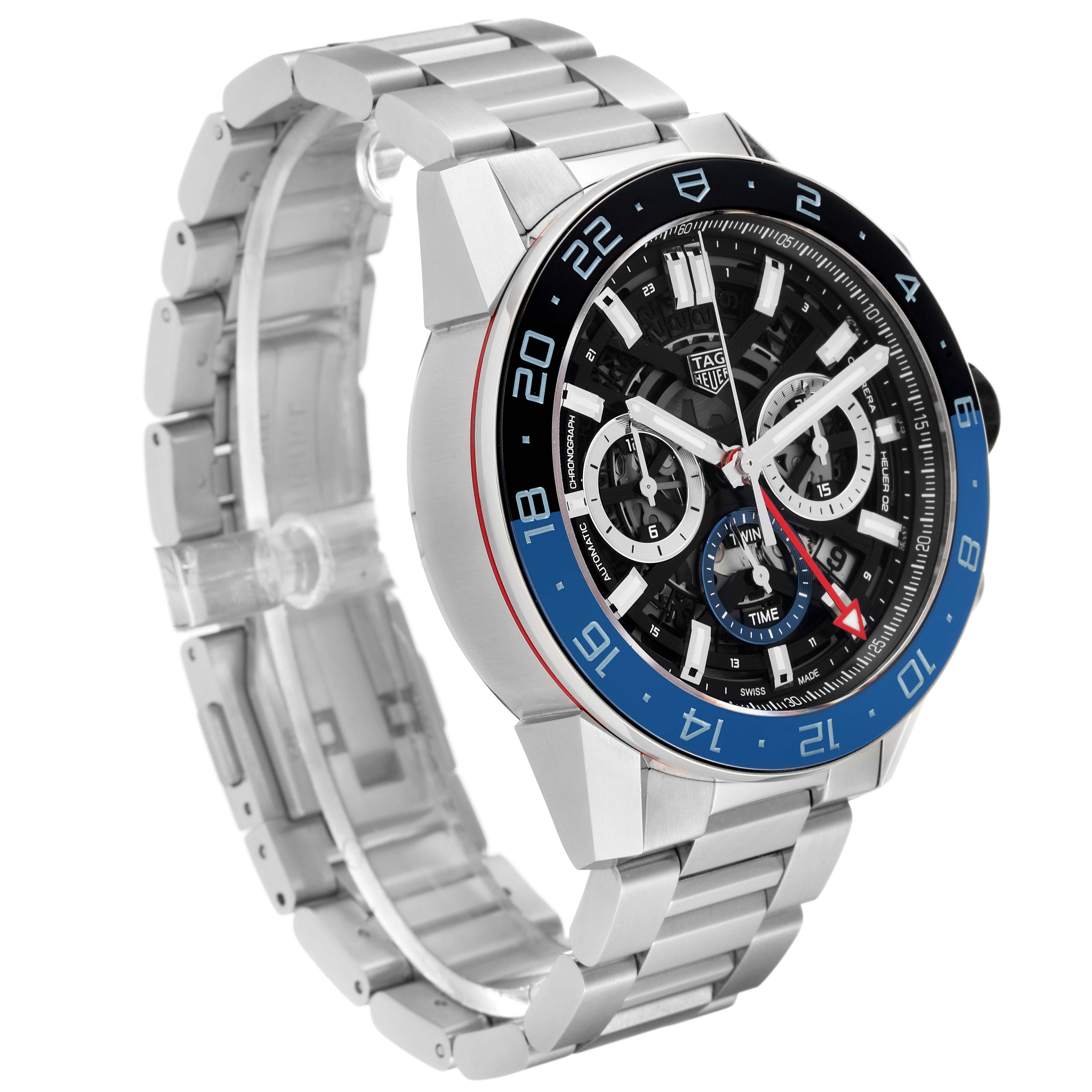 This image shows a three-quarter view of the Tag Heuer Carrera CBG2A1Z.BA0658 Men's Stainless Steel Black Dial CBG2A1Z.BA0658 Men's Stainless Steel Black Dial watch, highlighting its metal bracelet, black dial, and blue bezel.