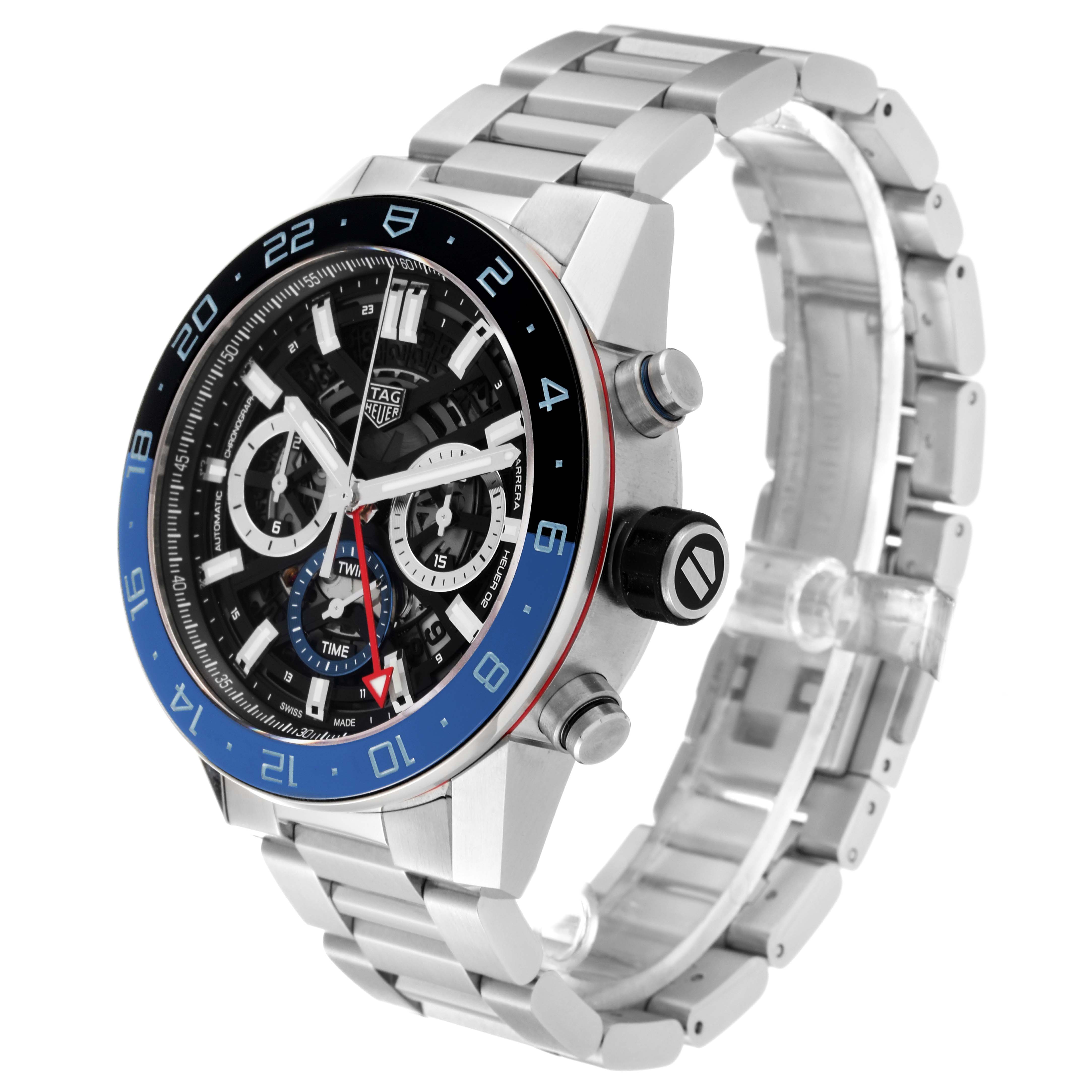 This image shows a Tag Heuer Carrera CBG2A1Z.BA0658 Men's Stainless Steel Black Dial CBG2A1Z.BA0658 Men's Stainless Steel Black Dial model watch from an oblique angle, highlighting its face, bezel, crown, and bracelet.