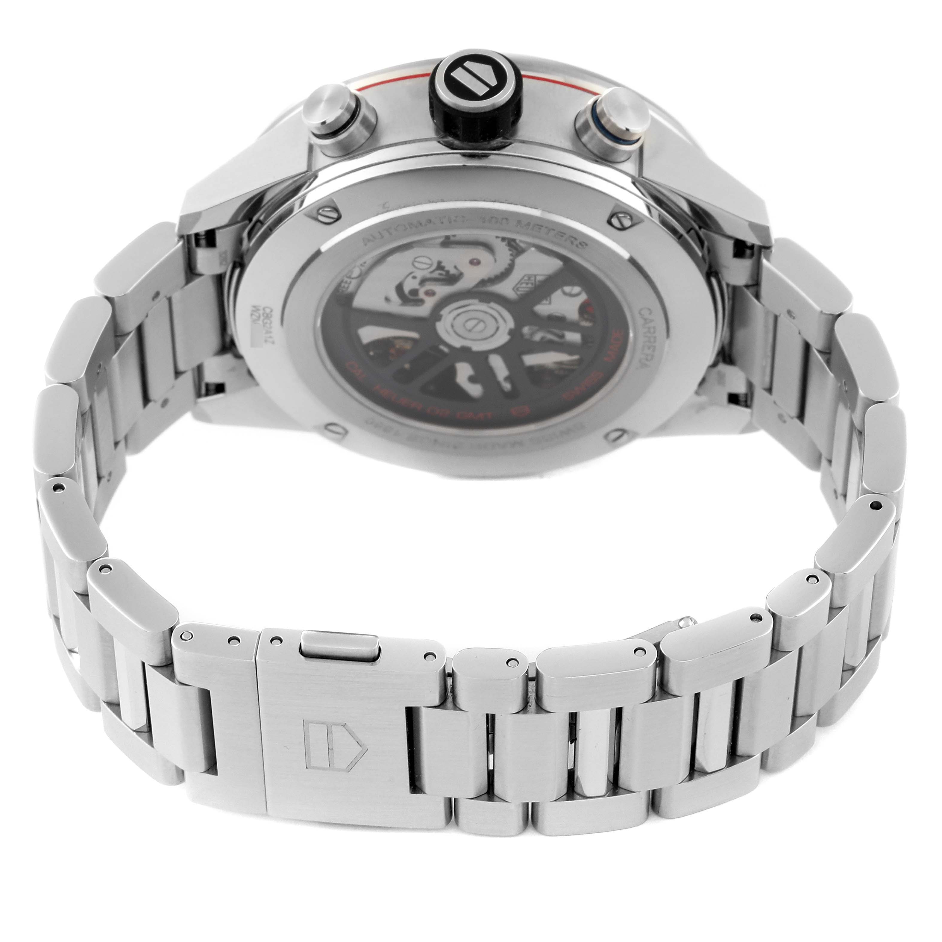 The image shows the back view of the Tag Heuer Carrera CBG2A1Z.BA0658 Men's Stainless Steel Black Dial CBG2A1Z.BA0658 Men's Stainless Steel Black Dial watch, focusing on the case back and stainless steel bracelet.