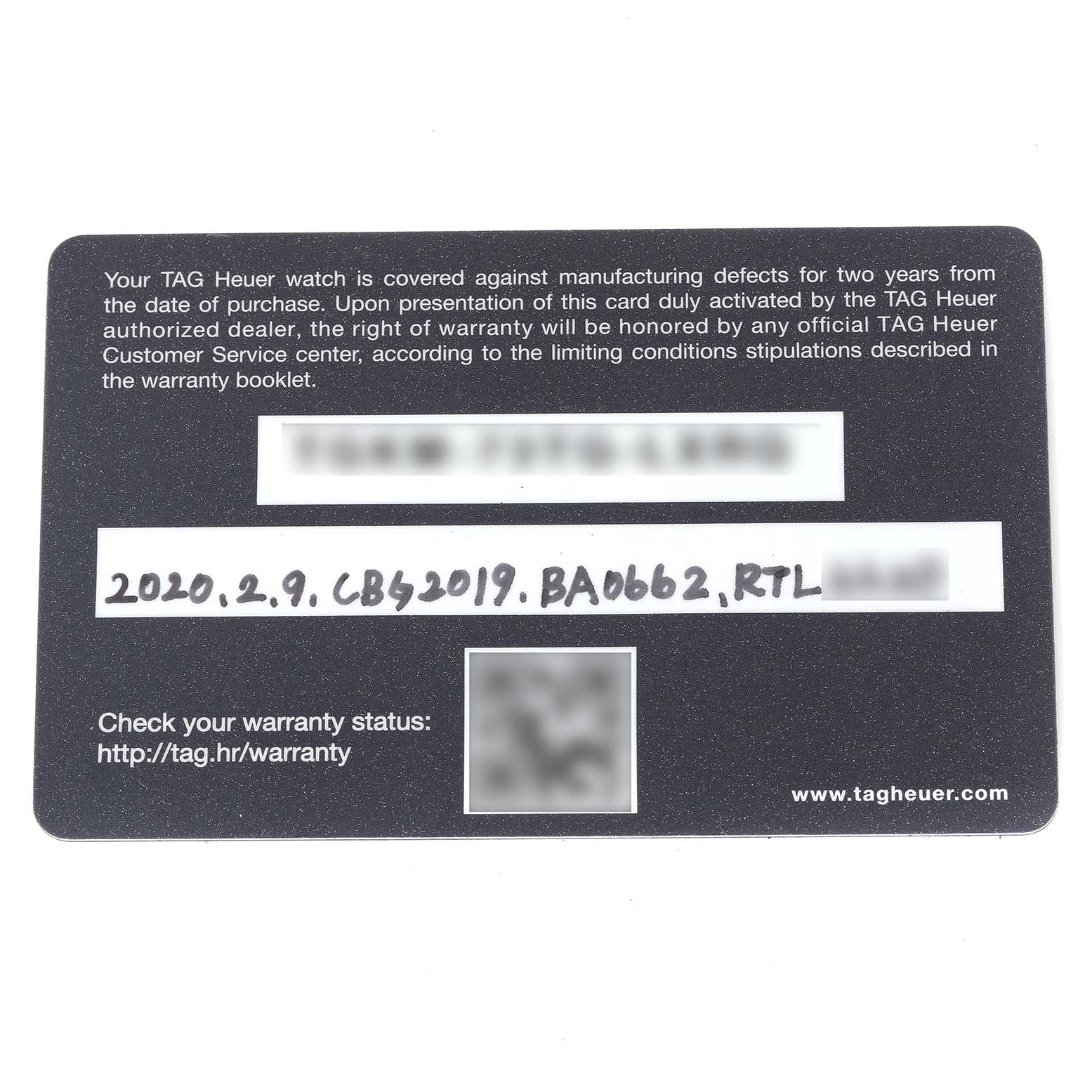 This image shows a warranty card for a Tag Heuer Limited Edition CBG2019.BA0662 Men's Stainless Steel Blue Dial CBG2019.BA0662 Men's Stainless Steel Blue Dial model CBK2A1E.