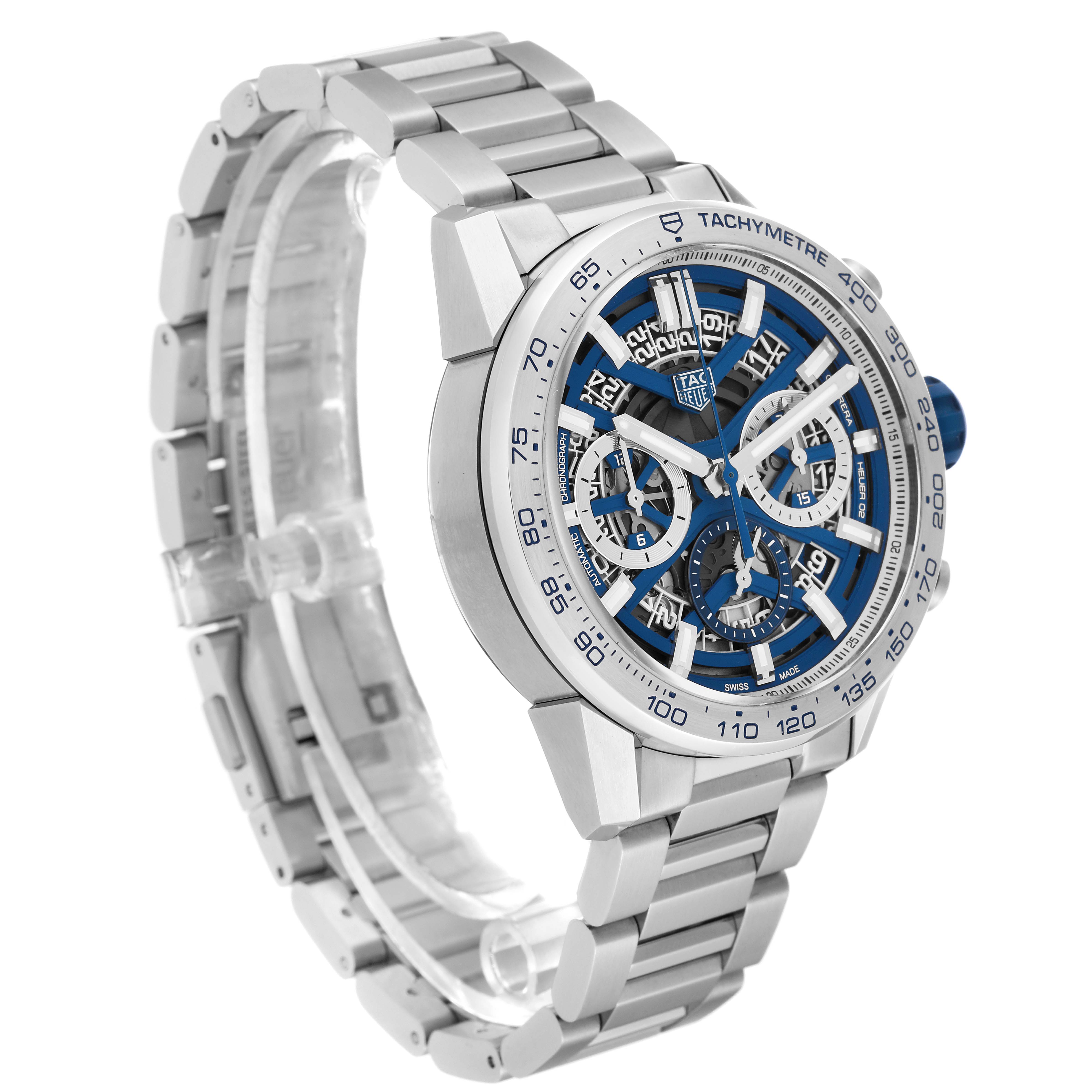 The Tag Heuer Limited Edition CBG2019.BA0662 Men's Stainless Steel Blue Dial CBG2019.BA0662 Men's Stainless Steel Blue Dial watch is shown at a three-quarter angle, highlighting its stainless steel bracelet and blue-accented dial.