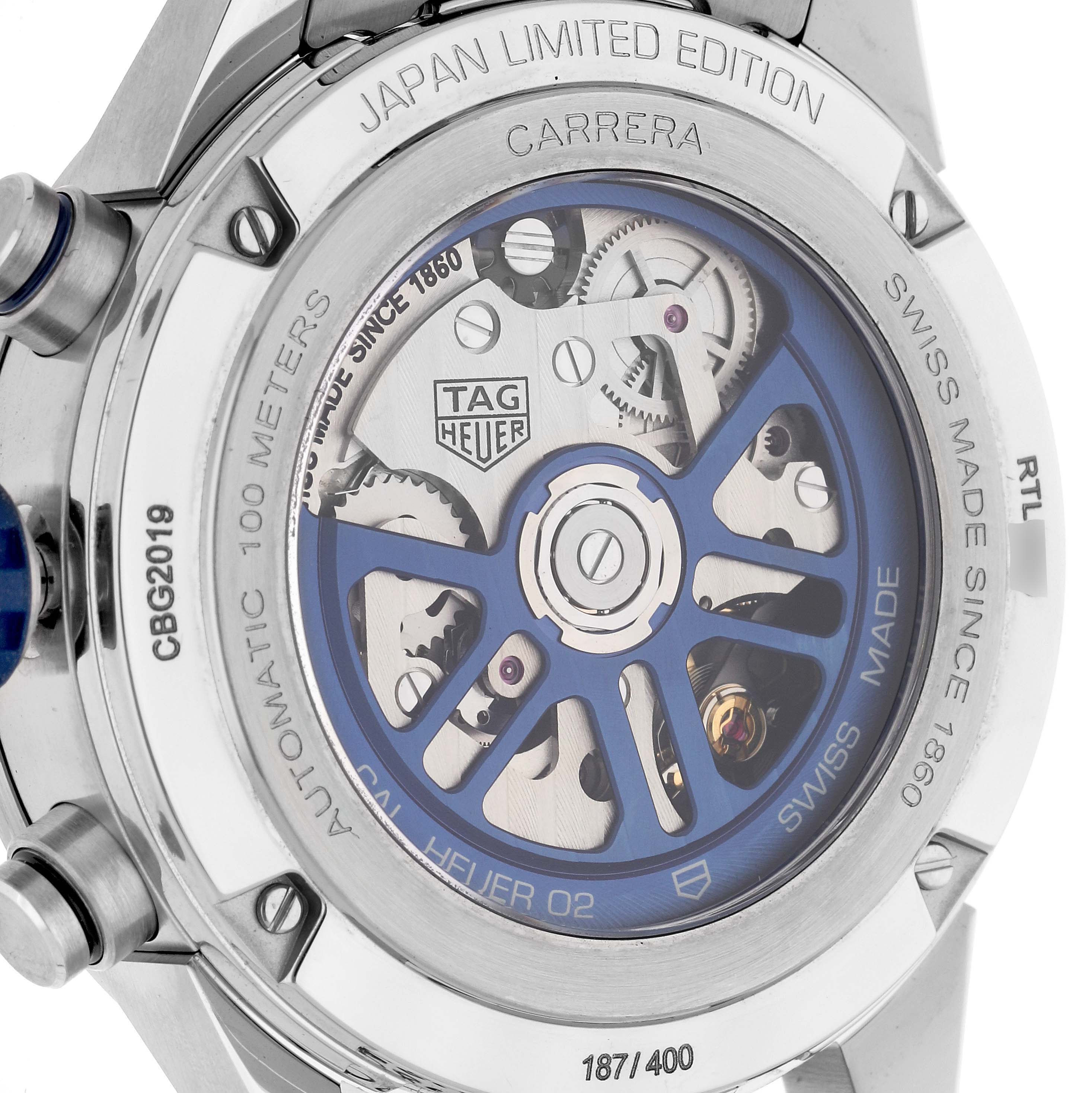 The image shows the back view of the Tag Heuer Carrera Limited Edition watch, highlighting its automatic movement and transparent case back.