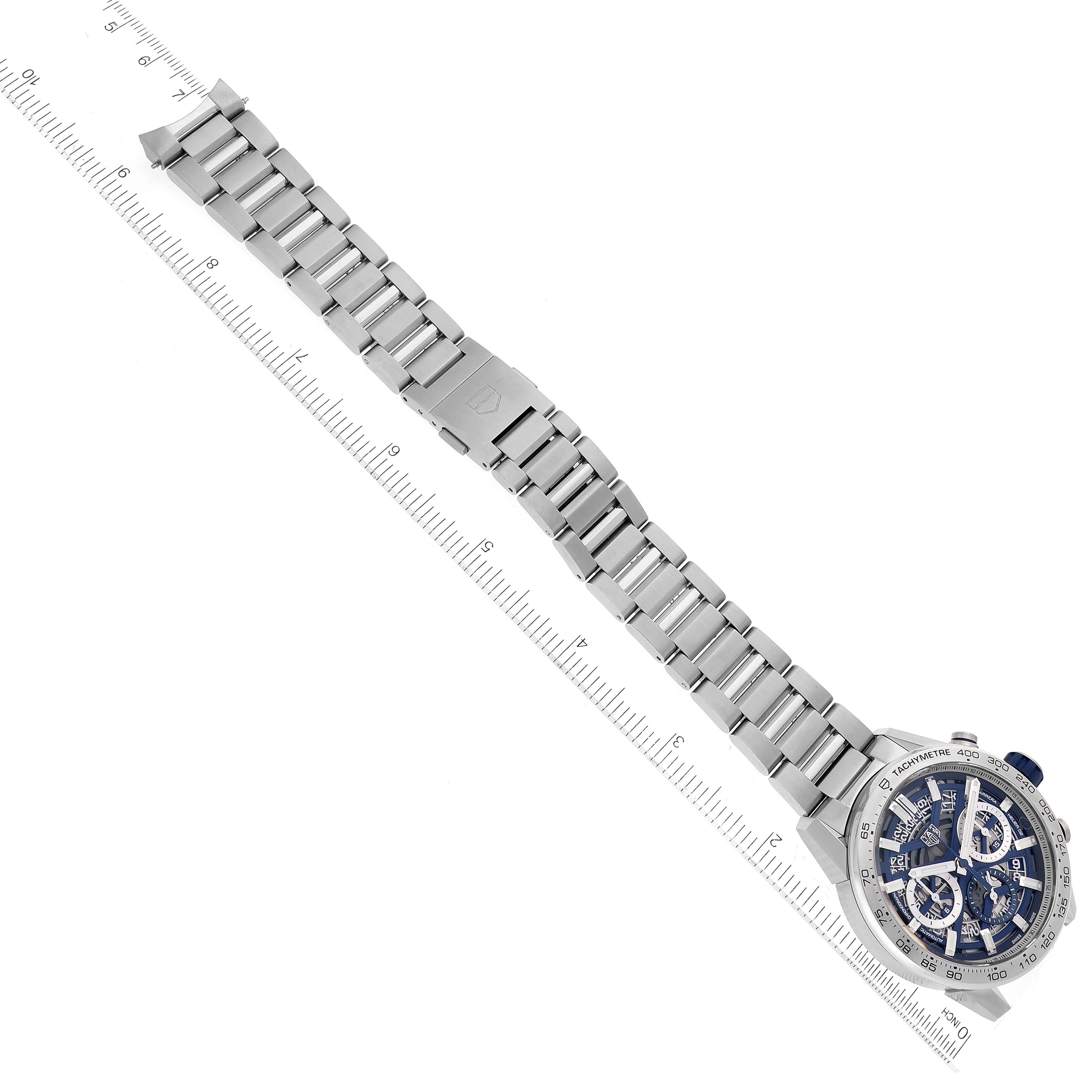 This Tag Heuer Limited Edition CBG2019.BA0662 Men's Stainless Steel Blue Dial CBG2019.BA0662 Men's Stainless Steel Blue Dial watch is shown at an angle displaying its full metallic strap and detailed dial.