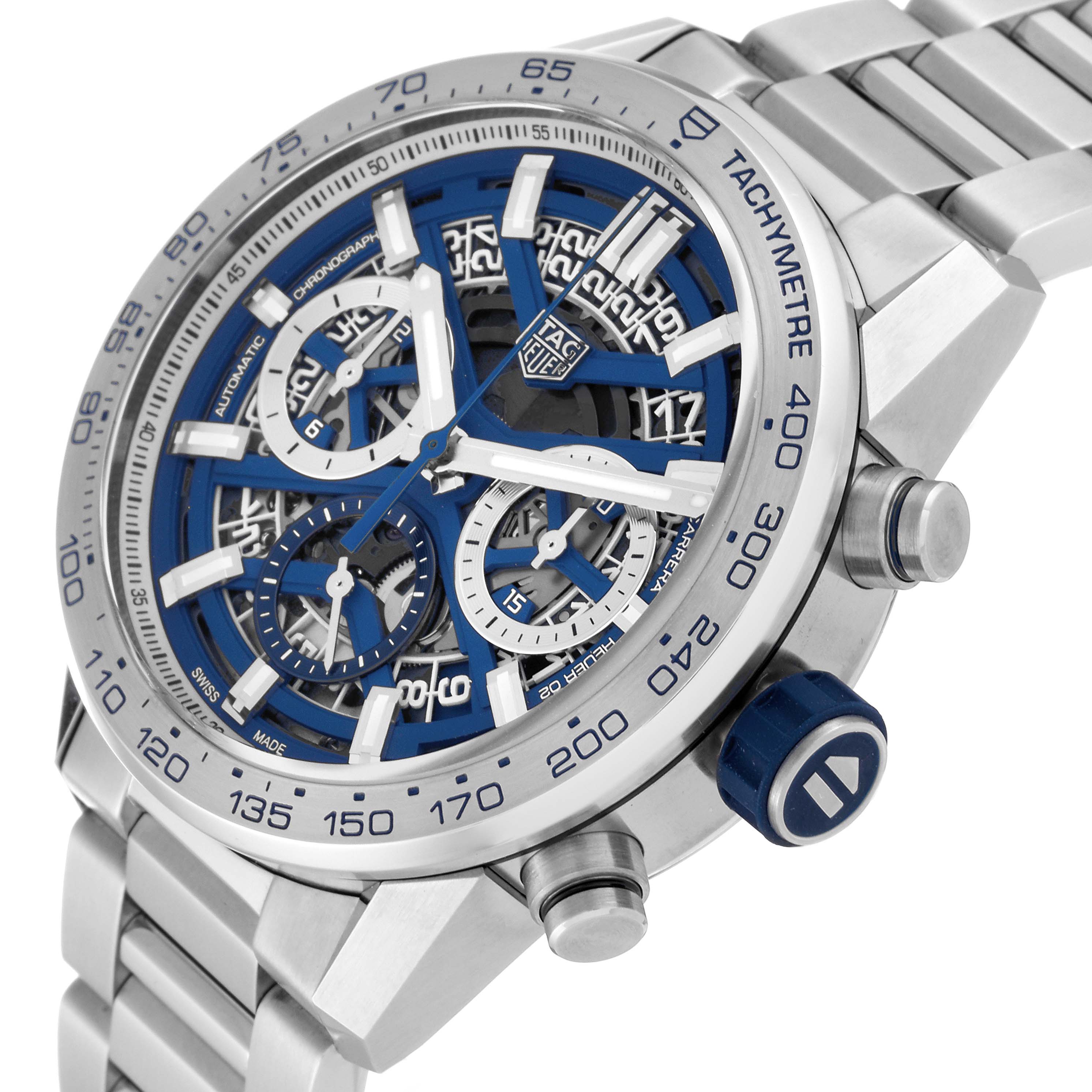 The Tag Heuer Limited Edition CBG2019.BA0662 Men's Stainless Steel Blue Dial CBG2019.BA0662 Men's Stainless Steel Blue Dial watch is shown at a three-quarter angle, displaying the dial, bezel, and part of the bracelet.