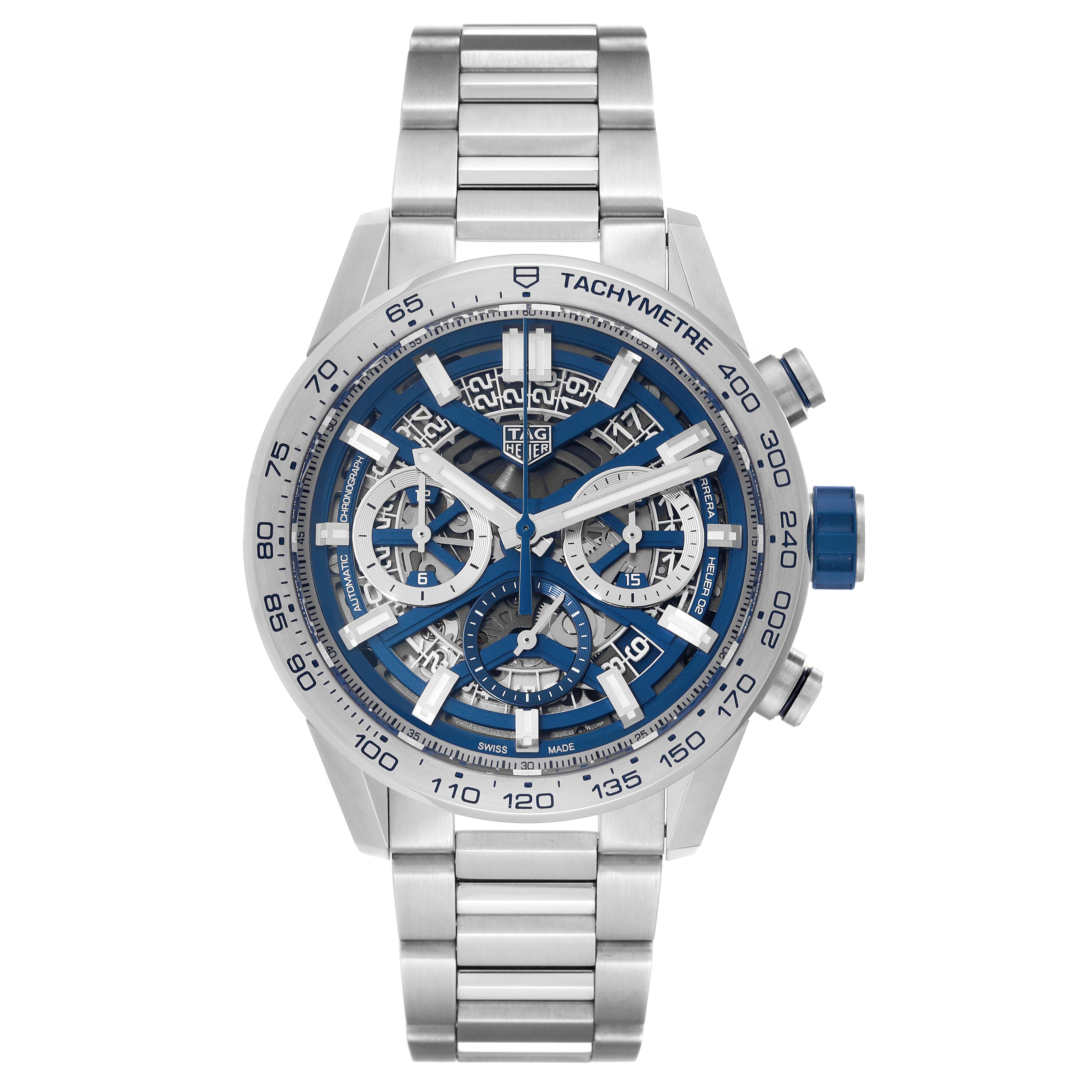 This is a Tag Heuer Limited Edition CBG2019.BA0662 Men's Stainless Steel Blue Dial CBG2019.BA0662 Men's Stainless Steel Blue Dial watch shown from a direct front angle, highlighting its dial, bezel, and bracelet.