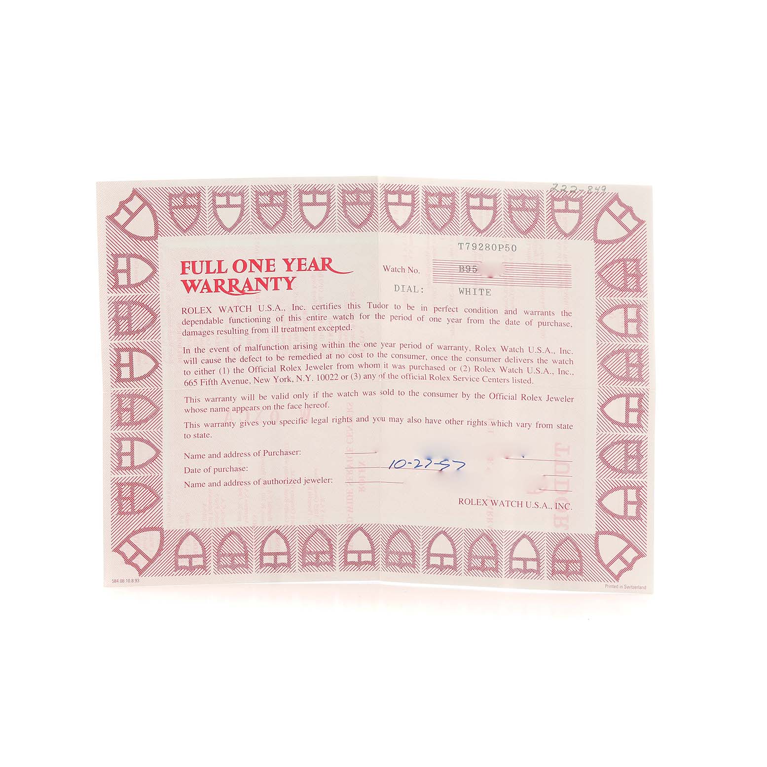 This image features a warranty certificate for a Tudor Prince T79280P50 Men's Stainless Steel White Dial model watch.