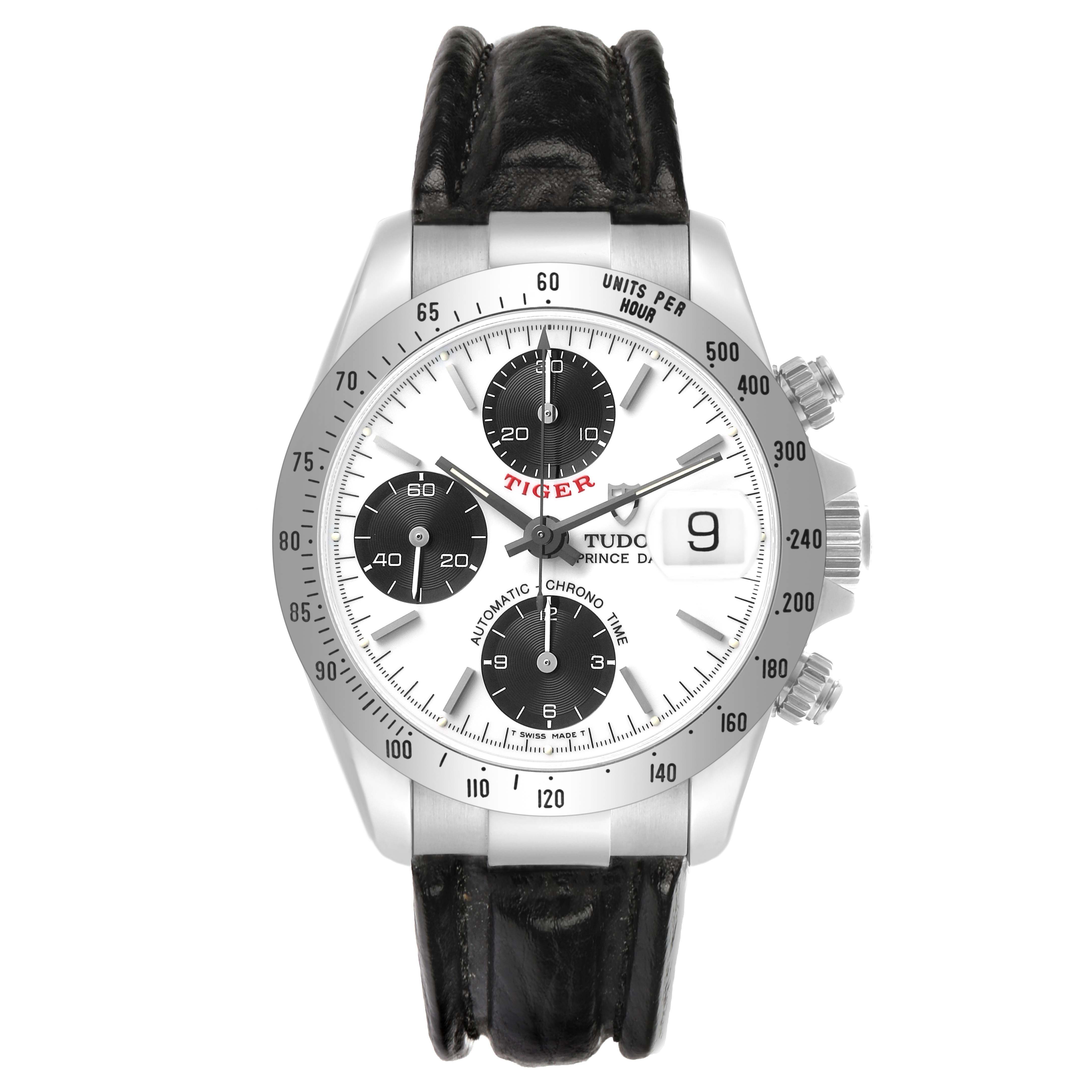 The Tudor Prince T79280P50 Men's Stainless Steel White Dial model watch is shown from the front, highlighting the dial, subdials, bezel, and leather strap.