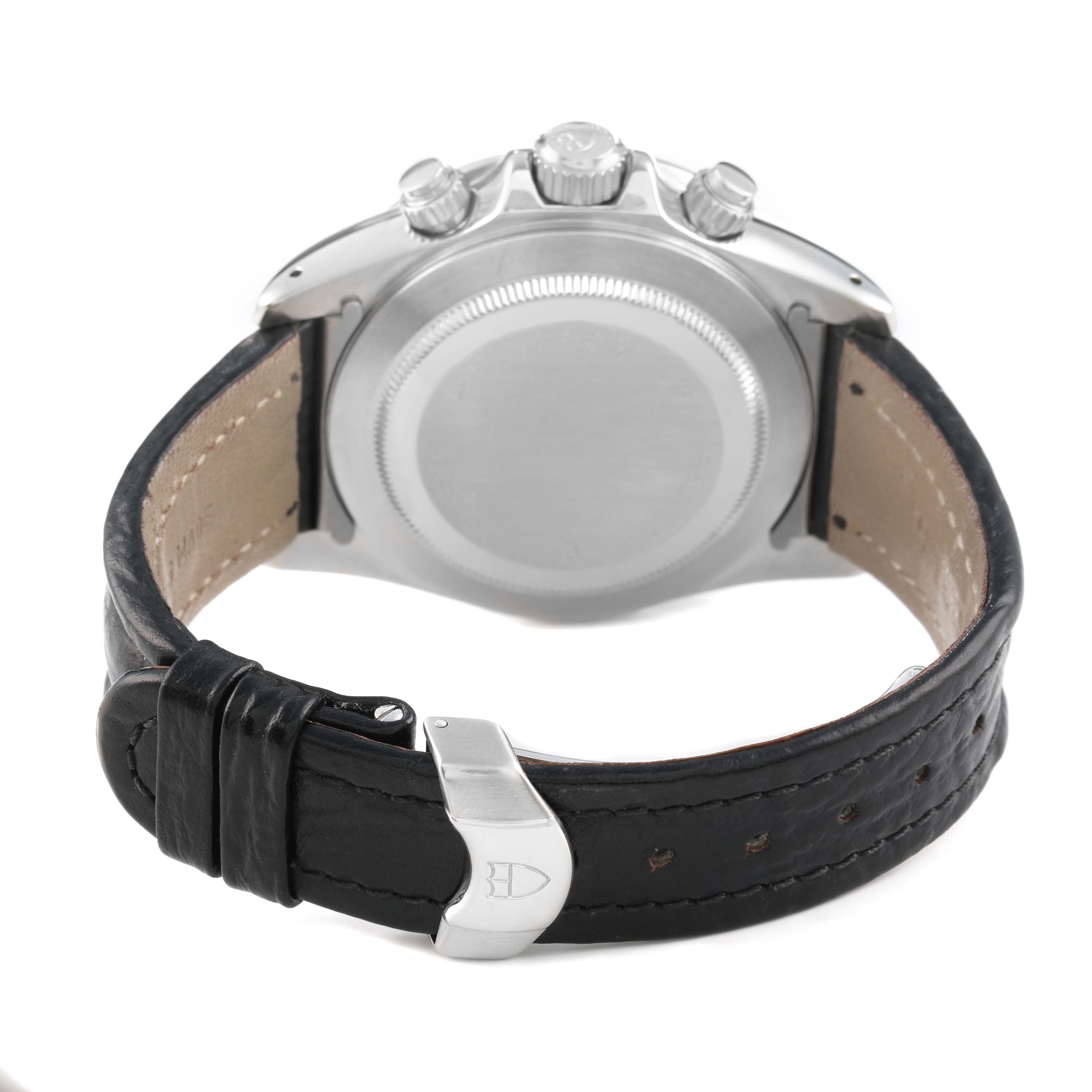 The image shows the back of the Tudor Prince T79280P50 Men's Stainless Steel White Dial model watch, highlighting the case back, crown, pushers, and leather strap with clasp.