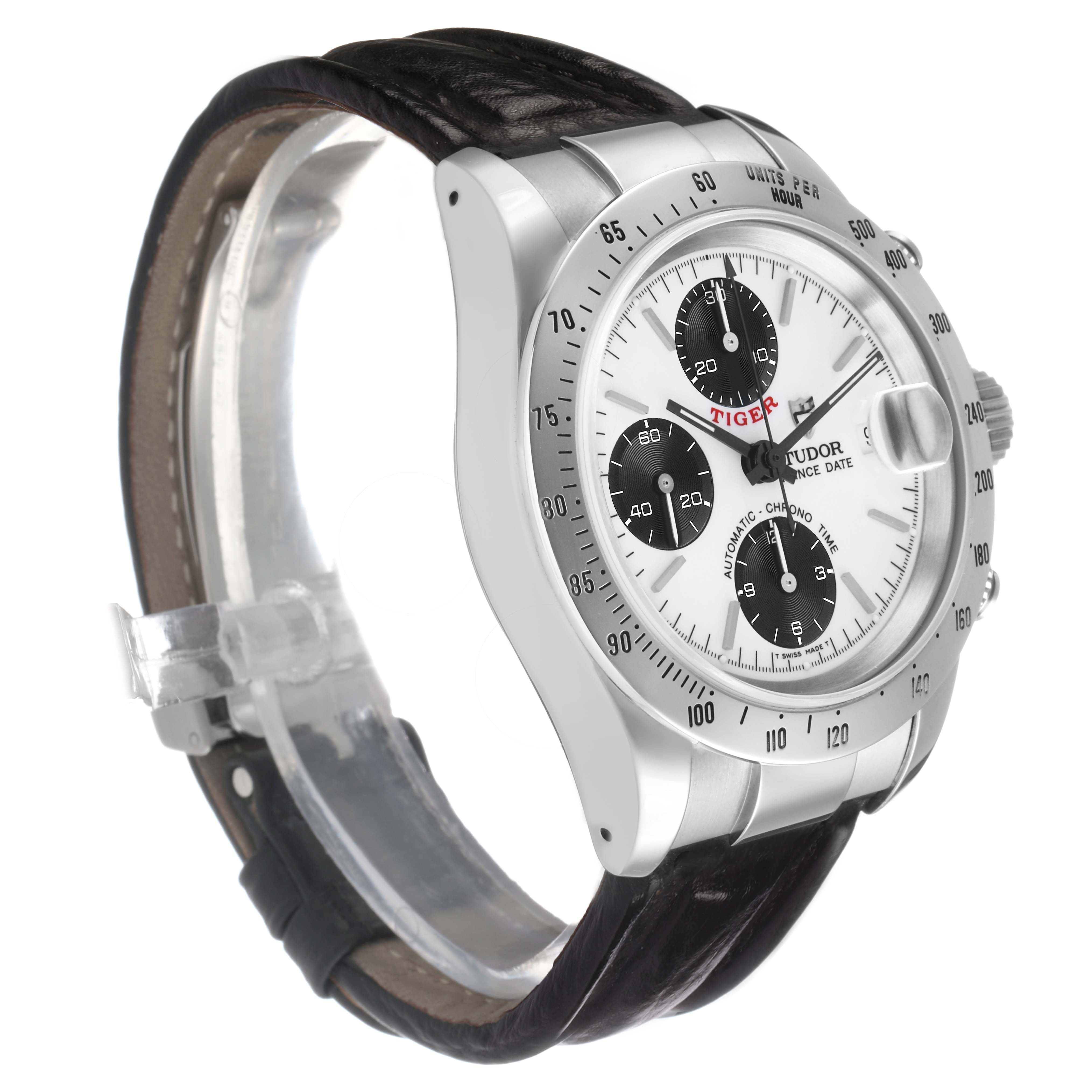 The Tudor Prince T79280P50 Men's Stainless Steel White Dial watch is shown from a front-side angle, highlighting the dial, bezel, crown, and strap.