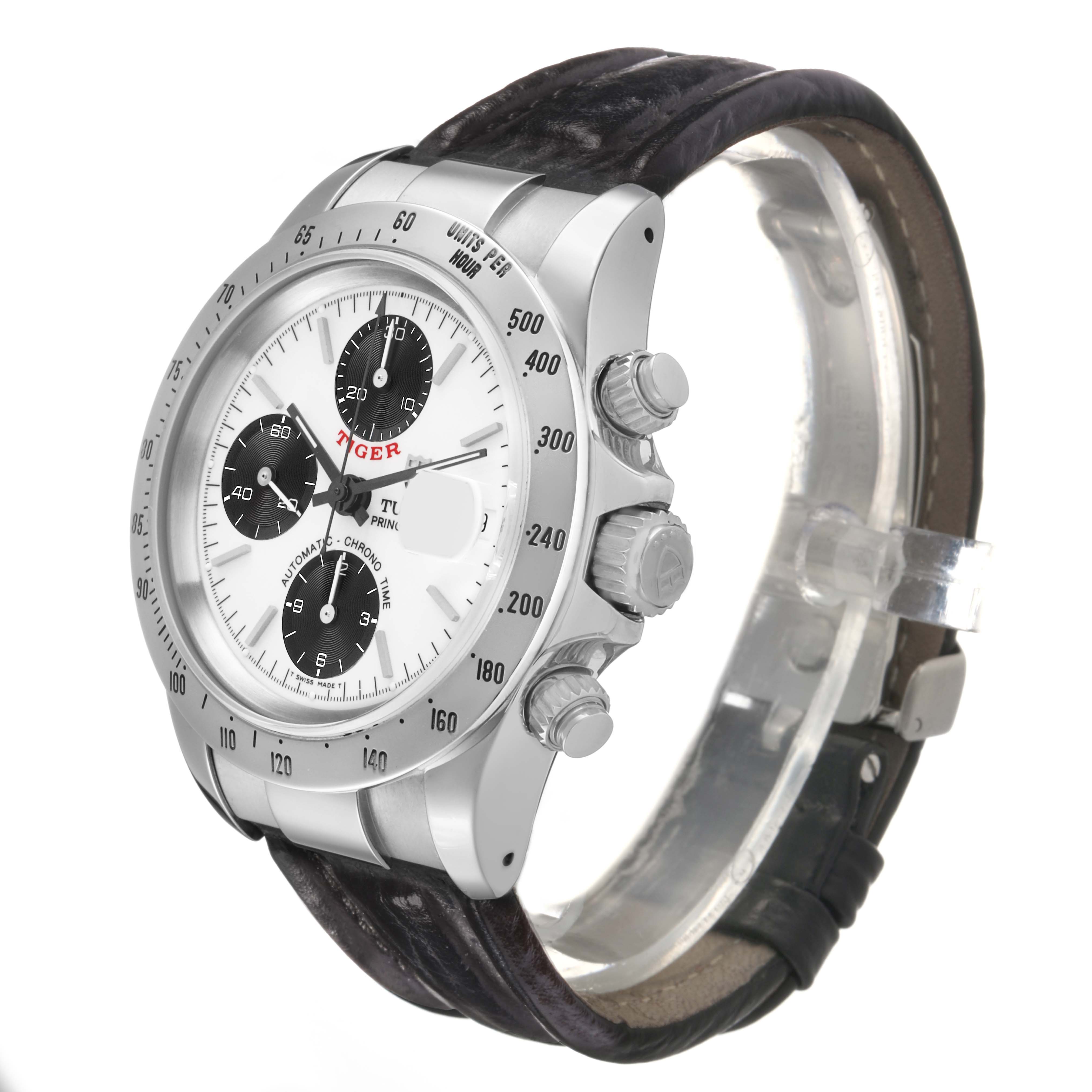 The Tudor Prince T79280P50 Men's Stainless Steel White Dial watch is angled to show the dial, bezel, crown, pushers, and part of the leather strap.