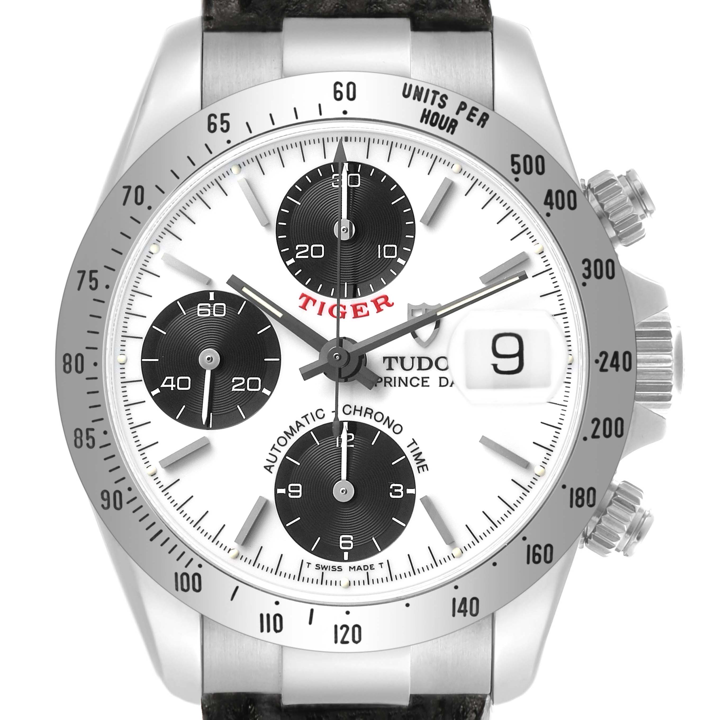 The Tudor Prince T79280P50 Men's Stainless Steel White Dial watch is shown from a front angle, displaying its dial, bezel, subdials, crown, and date window.