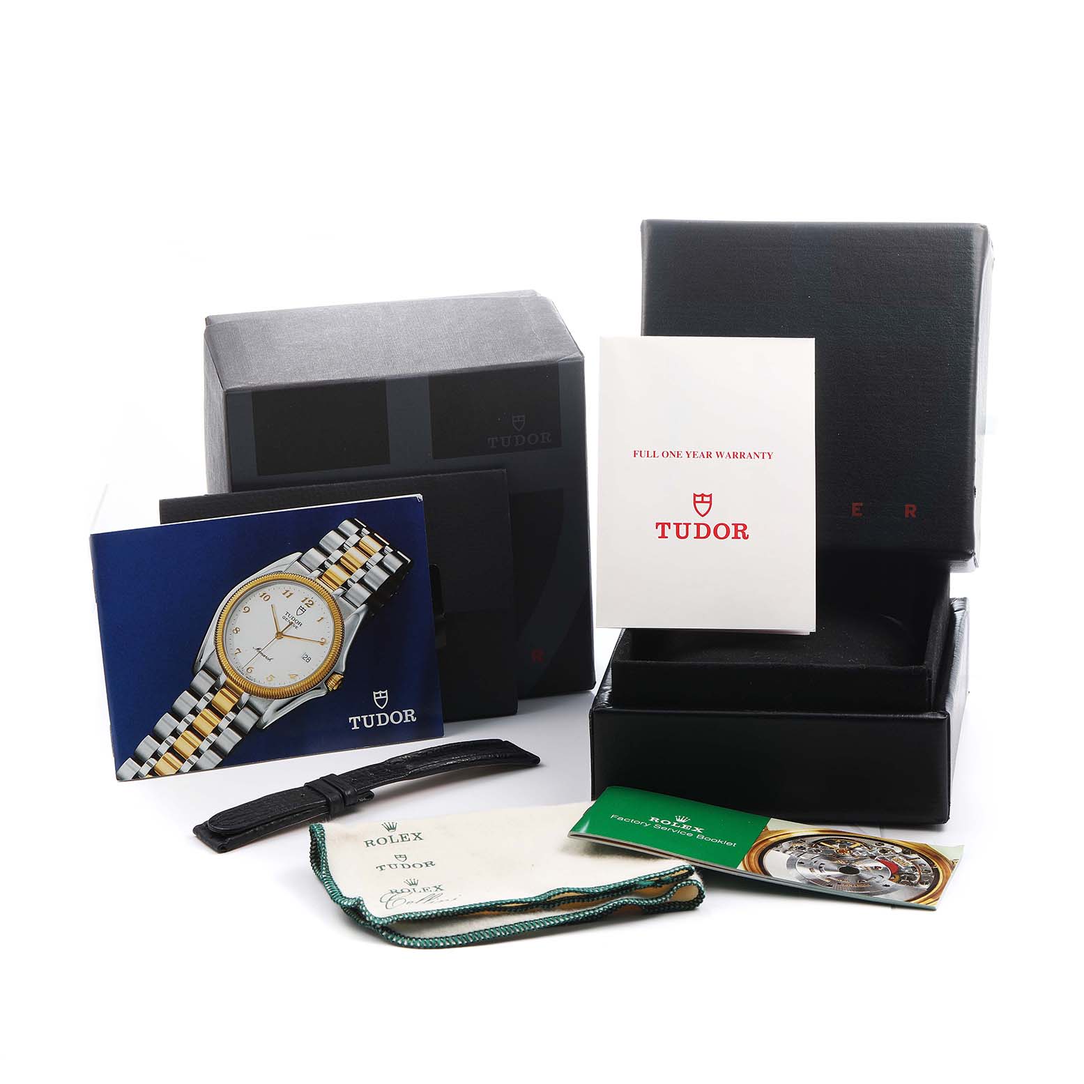 The image shows Tudor Prince T79280P50 Men's Stainless Steel White Dial watch packaging, including boxes, a manual, warranty card, and a polishing cloth, all from an angled view.