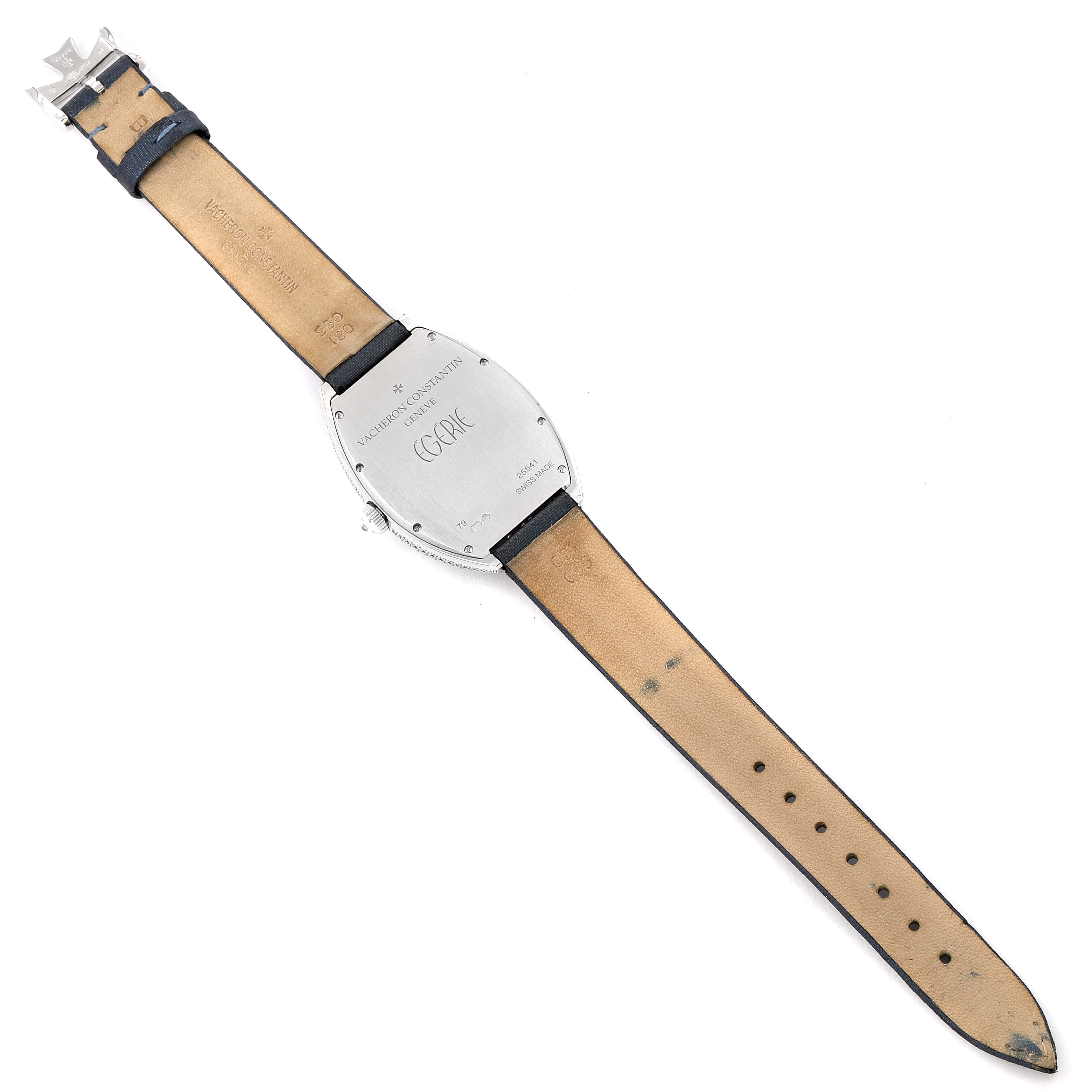 The image shows the back view of the Vacheron Constantin Egerie 25541 Women's White Gold Silver Dial 25541 Women's White Gold Silver Dial watch, highlighting the case back, strap, and buckle.