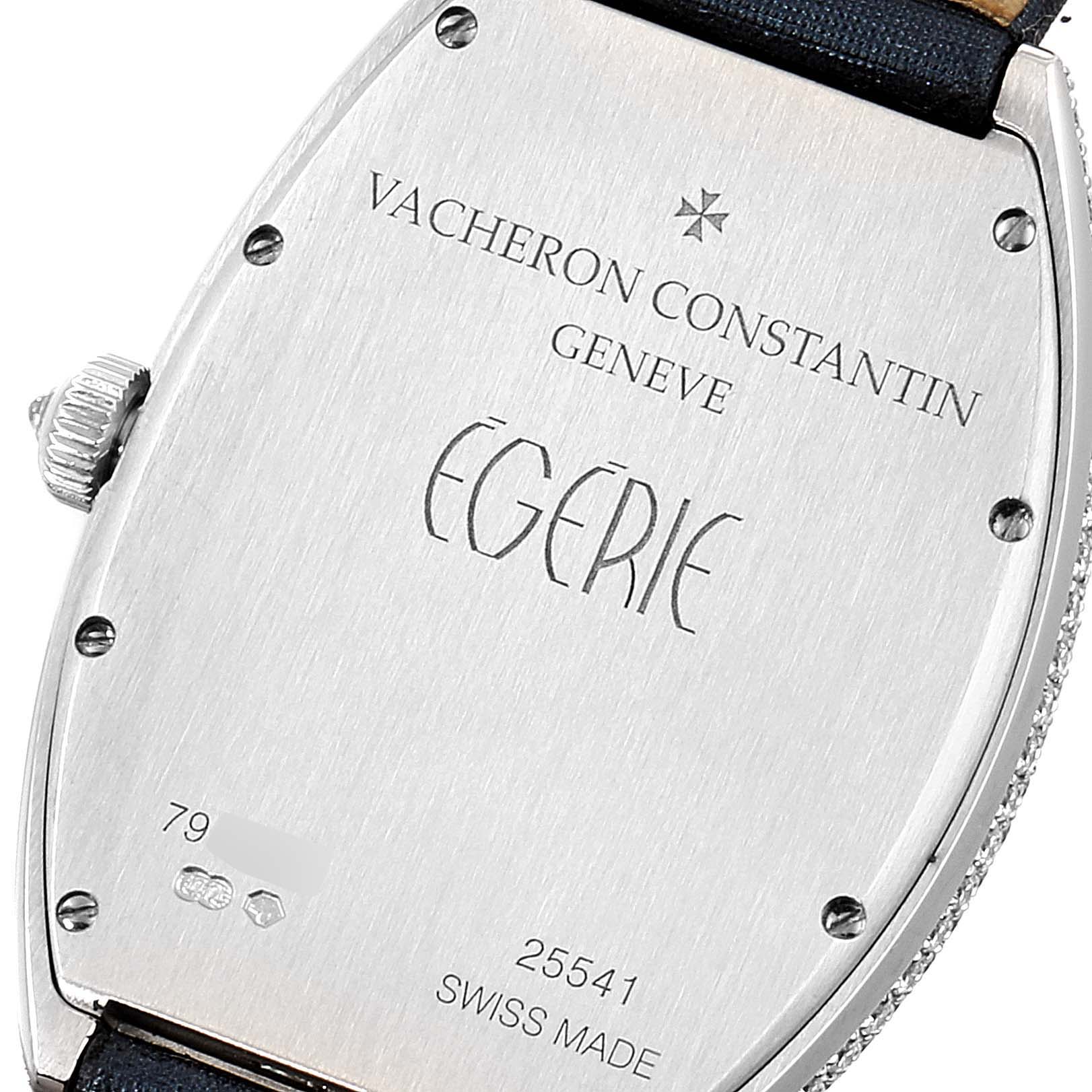 The image shows the back case of a Vacheron Constantin Egerie 25541 Women's White Gold Silver Dial 25541 Women's White Gold Silver Dial watch with visible branding and model information.
