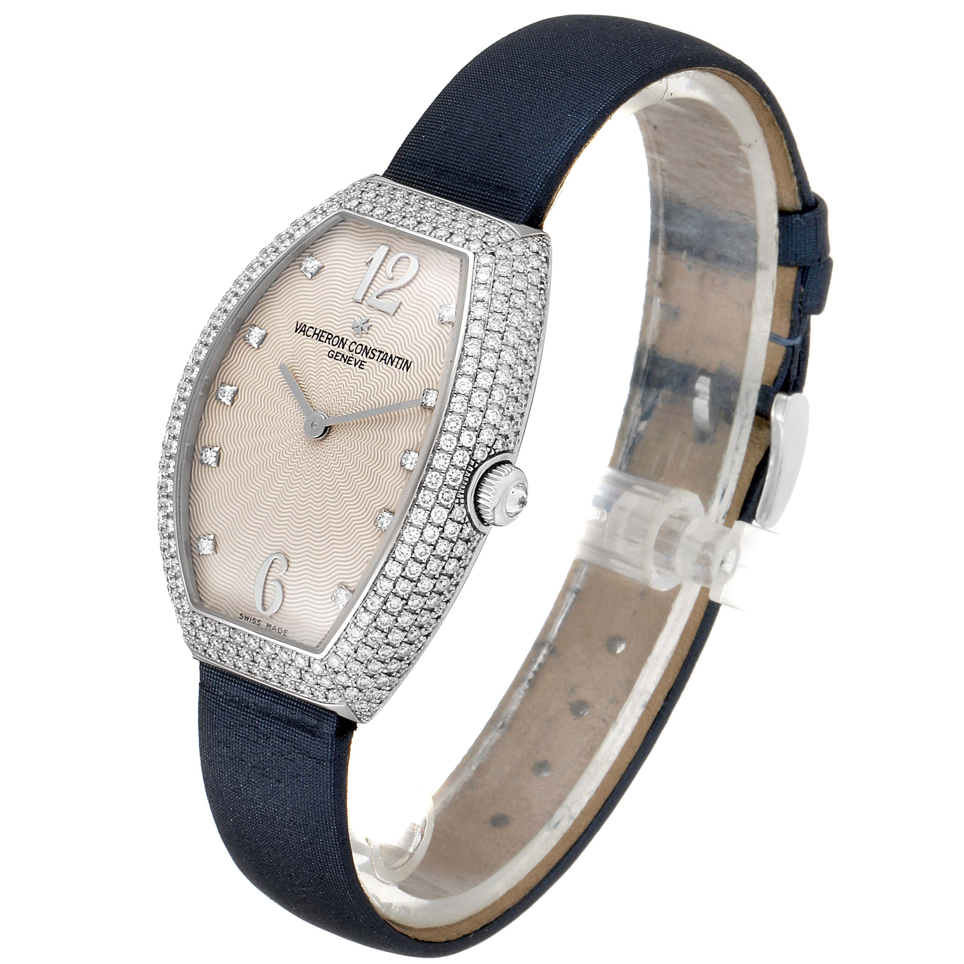 The Vacheron Constantin Egerie 25541 Women's White Gold Silver Dial 25541 Women's White Gold Silver Dial watch is shown from a slight side angle, displaying its face, crystal, bezel, crown, and part of the strap.