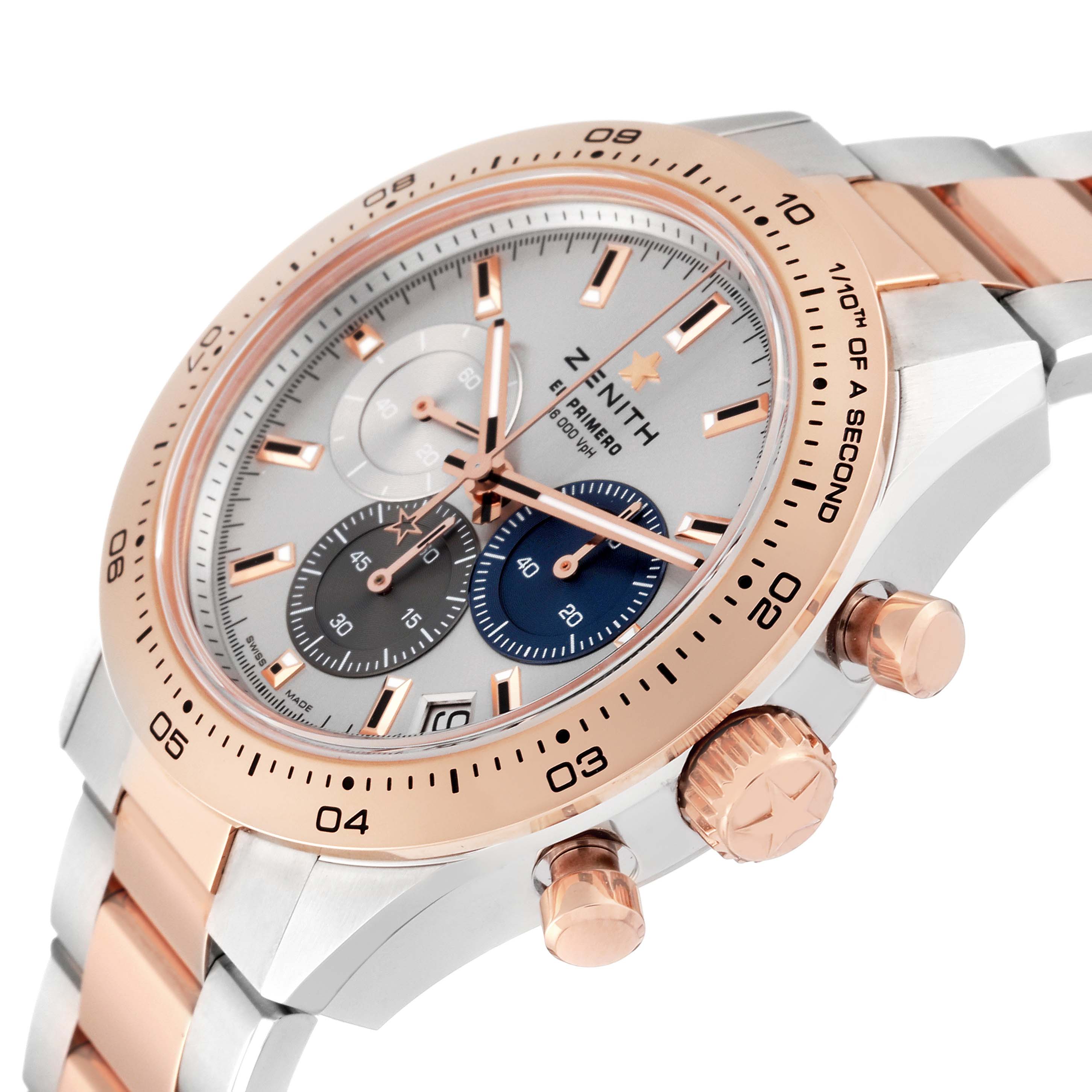 The Zenith Chronomaster 51.3100.3600/69.M3100 Men
s Steel and Gold (two tone) Silver Dial 51.3100.3600/69.M3100 Men
s Steel and Gold (two tone) Silver Dial watch is shown at an angled view, highlighting the rose gold bezel, crown, and chronograph sub-dials.