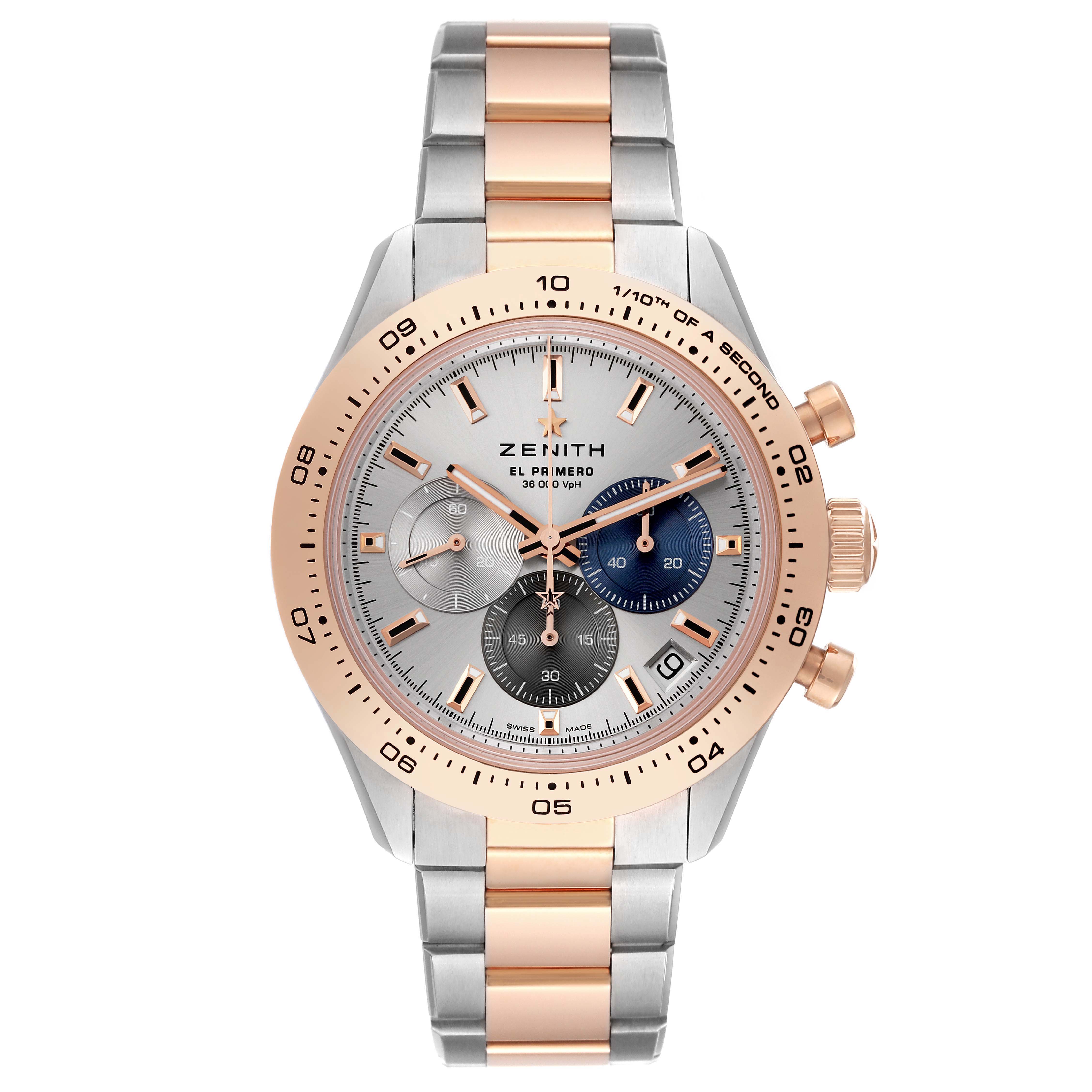 The image shows a front view of a Zenith Chronomaster 51.3100.3600/69.M3100 Men
s Steel and Gold (two tone) Silver Dial 51.3100.3600/69.M3100 Men
s Steel and Gold (two tone) Silver Dial watch, focusing on the face, bezel, and bracelet.