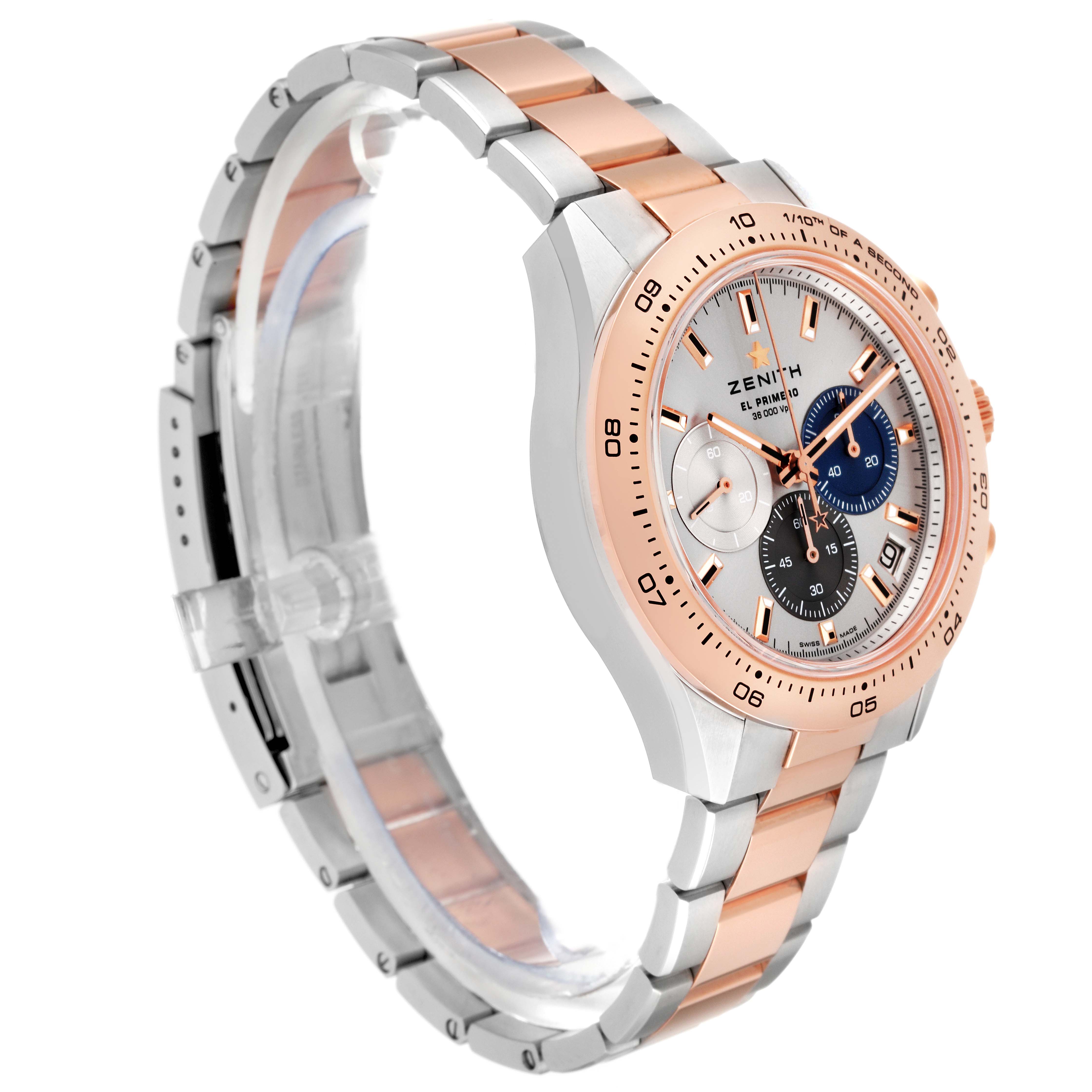 The image shows a Zenith Chronomaster 51.3100.3600/69.M3100 Men
s Steel and Gold (two tone) Silver Dial 51.3100.3600/69.M3100 Men
s Steel and Gold (two tone) Silver Dial watch at an angled side view, highlighting the dual-tone metal band and detailed watch face.