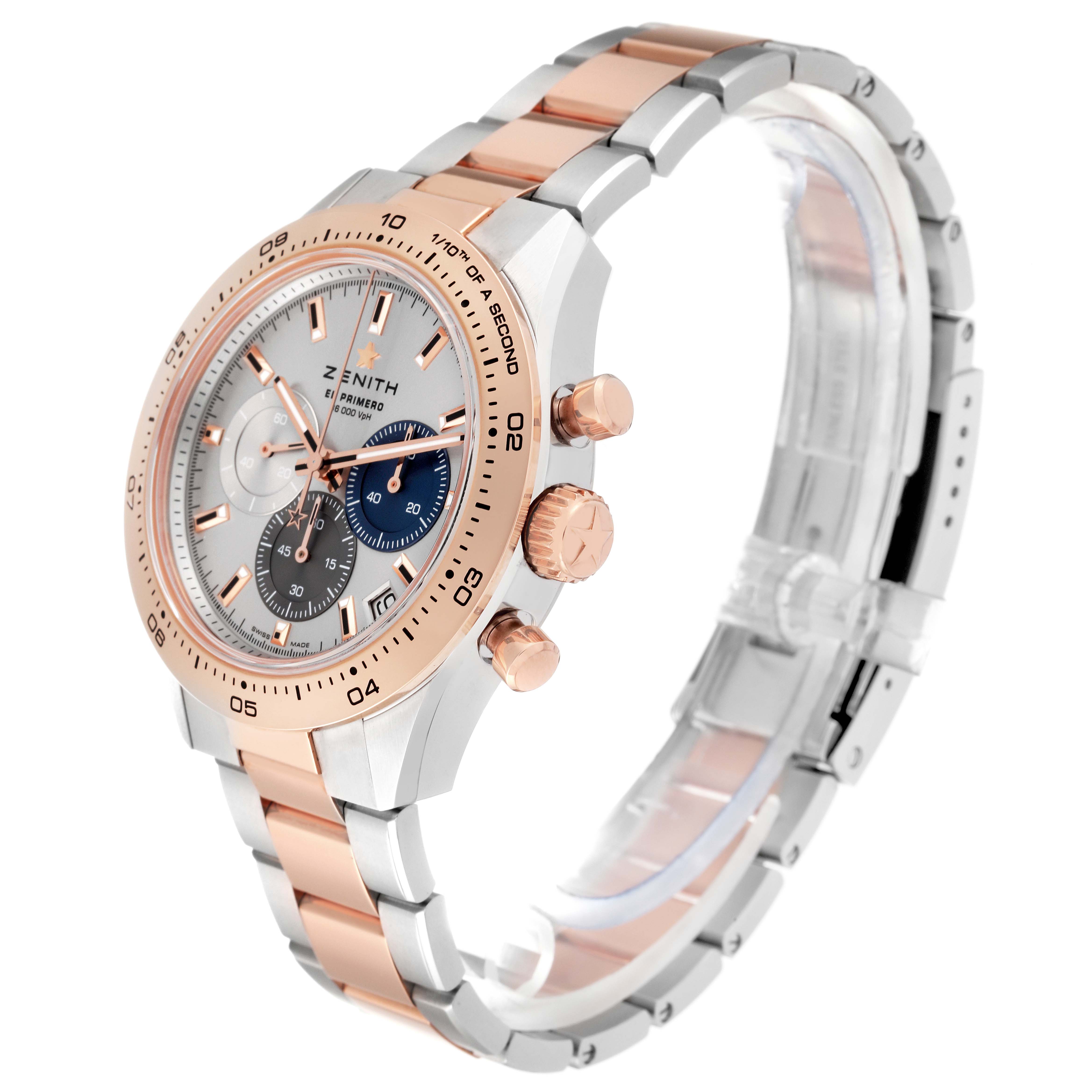 The image shows a Zenith Chronomaster 51.3100.3600/69.M3100 Men
s Steel and Gold (two tone) Silver Dial 51.3100.3600/69.M3100 Men
s Steel and Gold (two tone) Silver Dial watch at a three-quarter angle, detailing its rose gold and silver bracelet and chronograph dials.