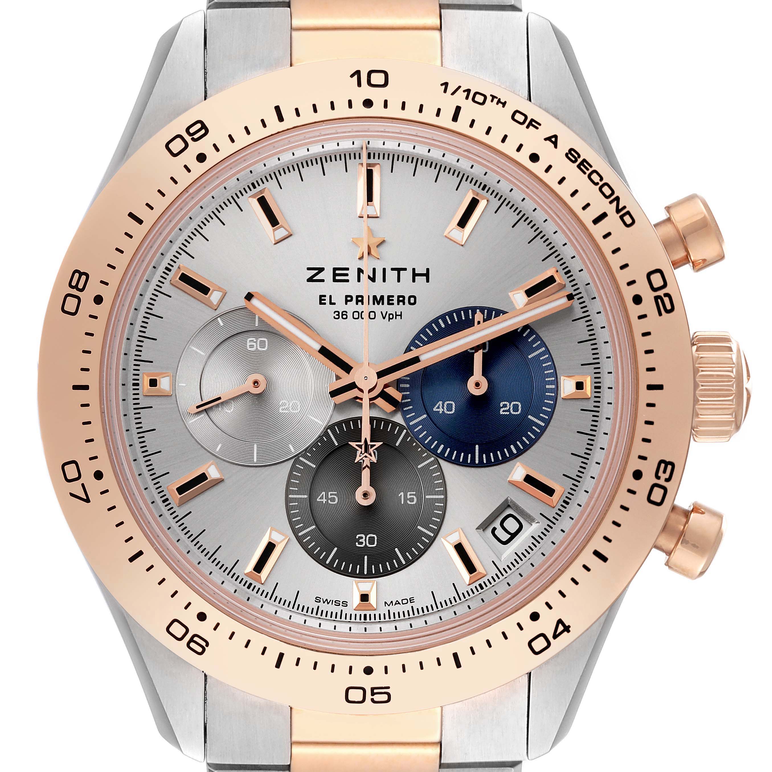 The image shows a Zenith Chronomaster 51.3100.3600/69.M3100 Men
s Steel and Gold (two tone) Silver Dial 51.3100.3600/69.M3100 Men
s Steel and Gold (two tone) Silver Dial watch from a front angle, highlighting its dial, sub-dials, bezel, and crown.