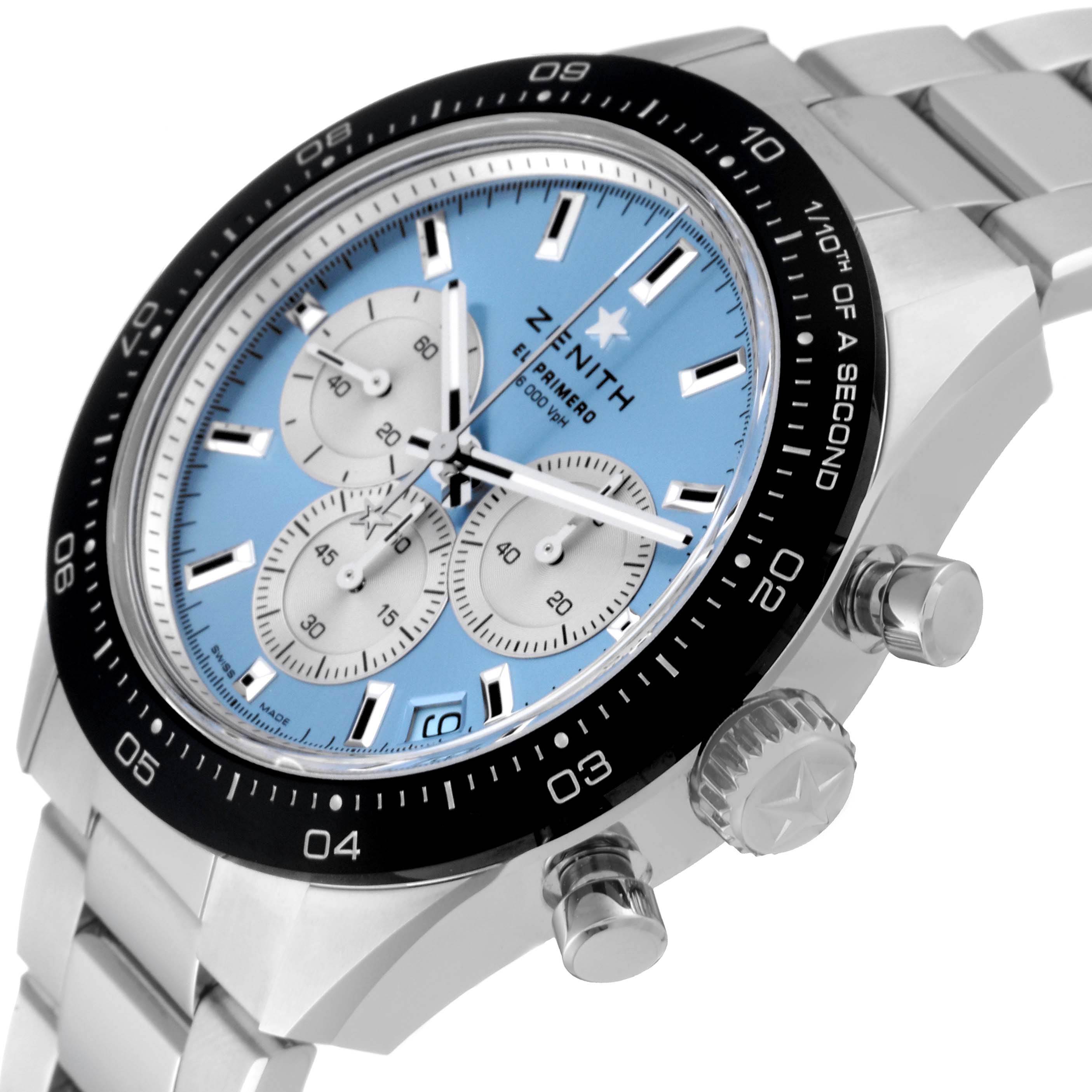 The image shows a close-up angle of a Zenith El Primero watch, highlighting the dial, buttons, and part of the bracelet.