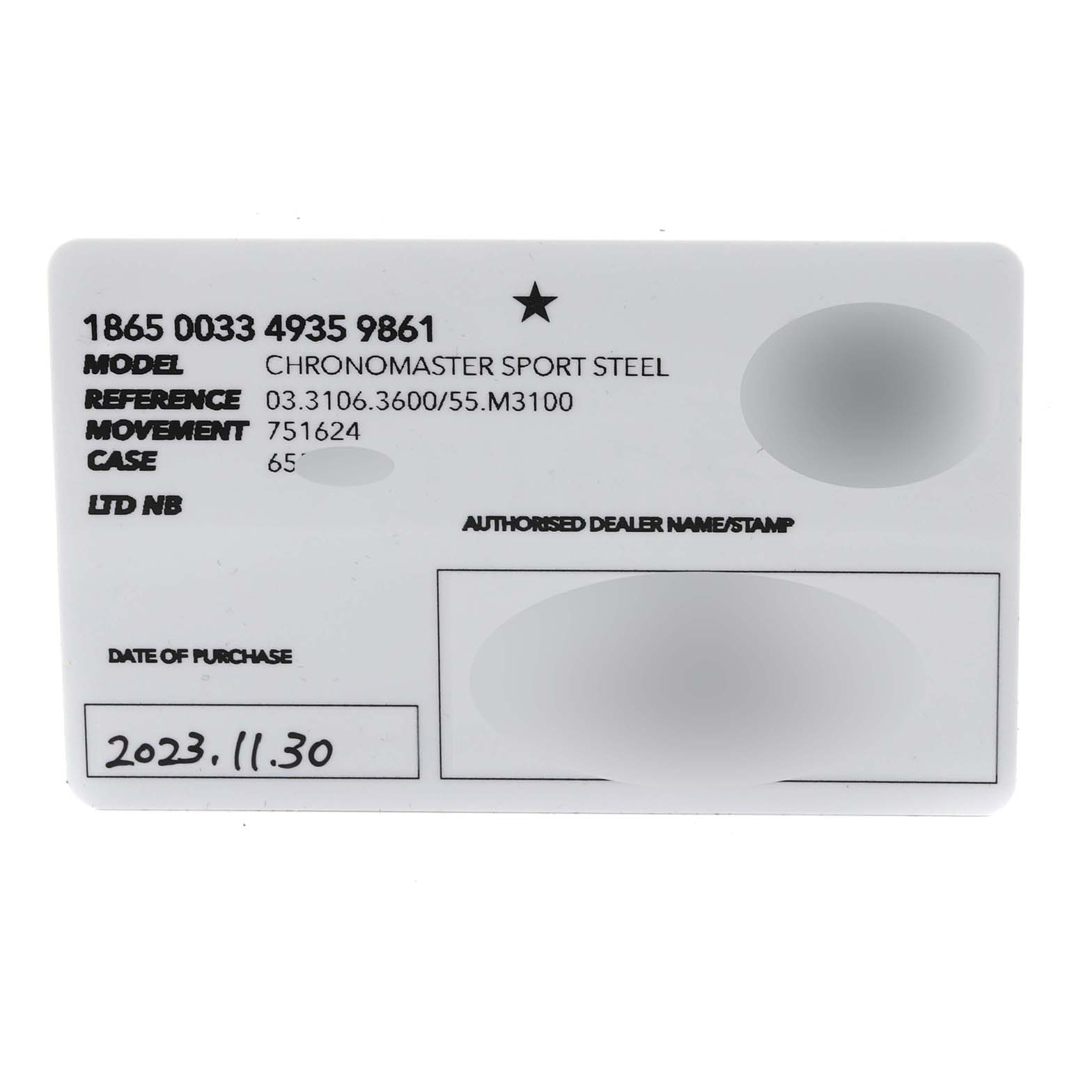 This is a warranty card for the Zenith El Primero Chronomaster Sport Steel watch, showing model, reference, and date of purchase.