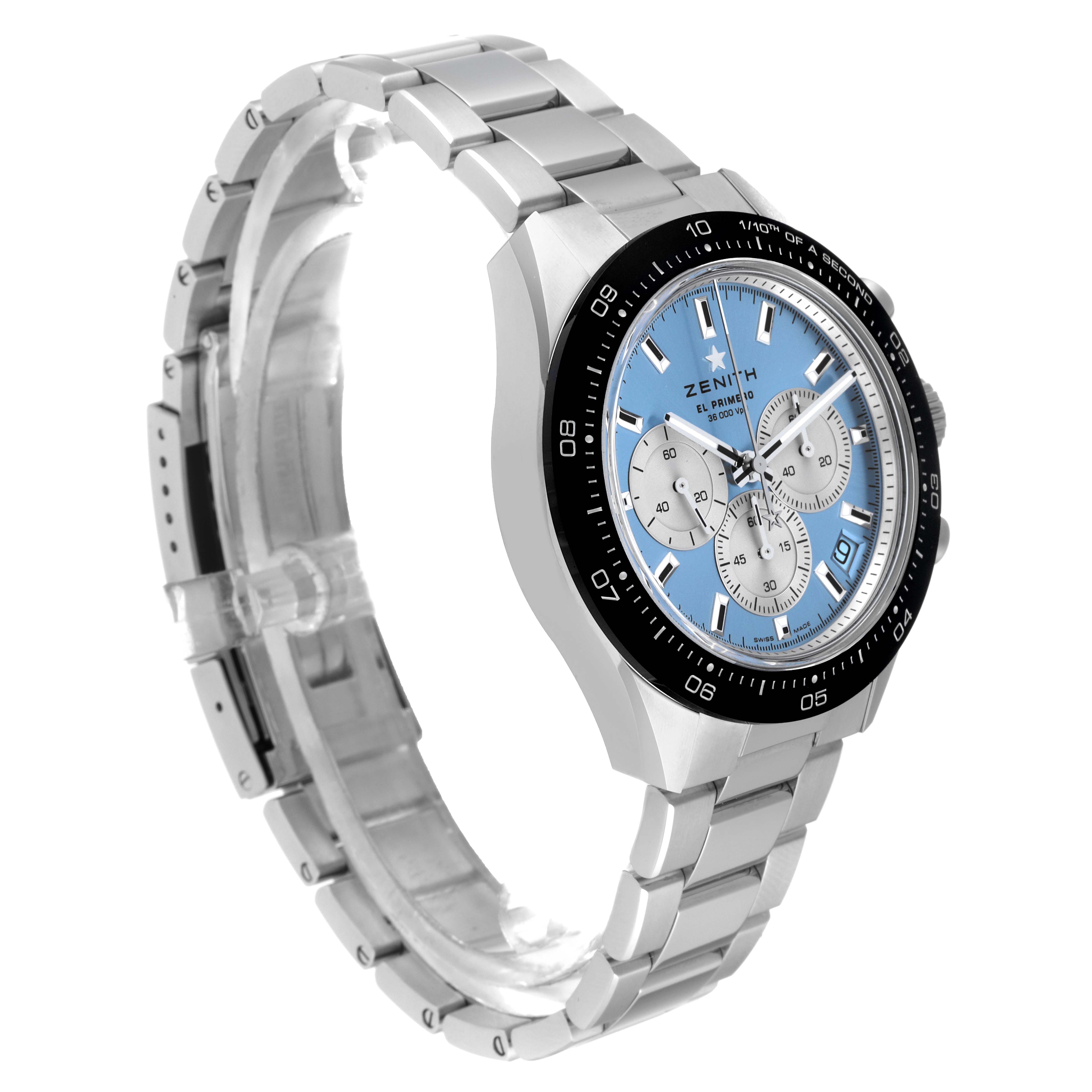 The Zenith El Primero watch is shown from a front-side angle, displaying the dial, bezel, and metal bracelet.