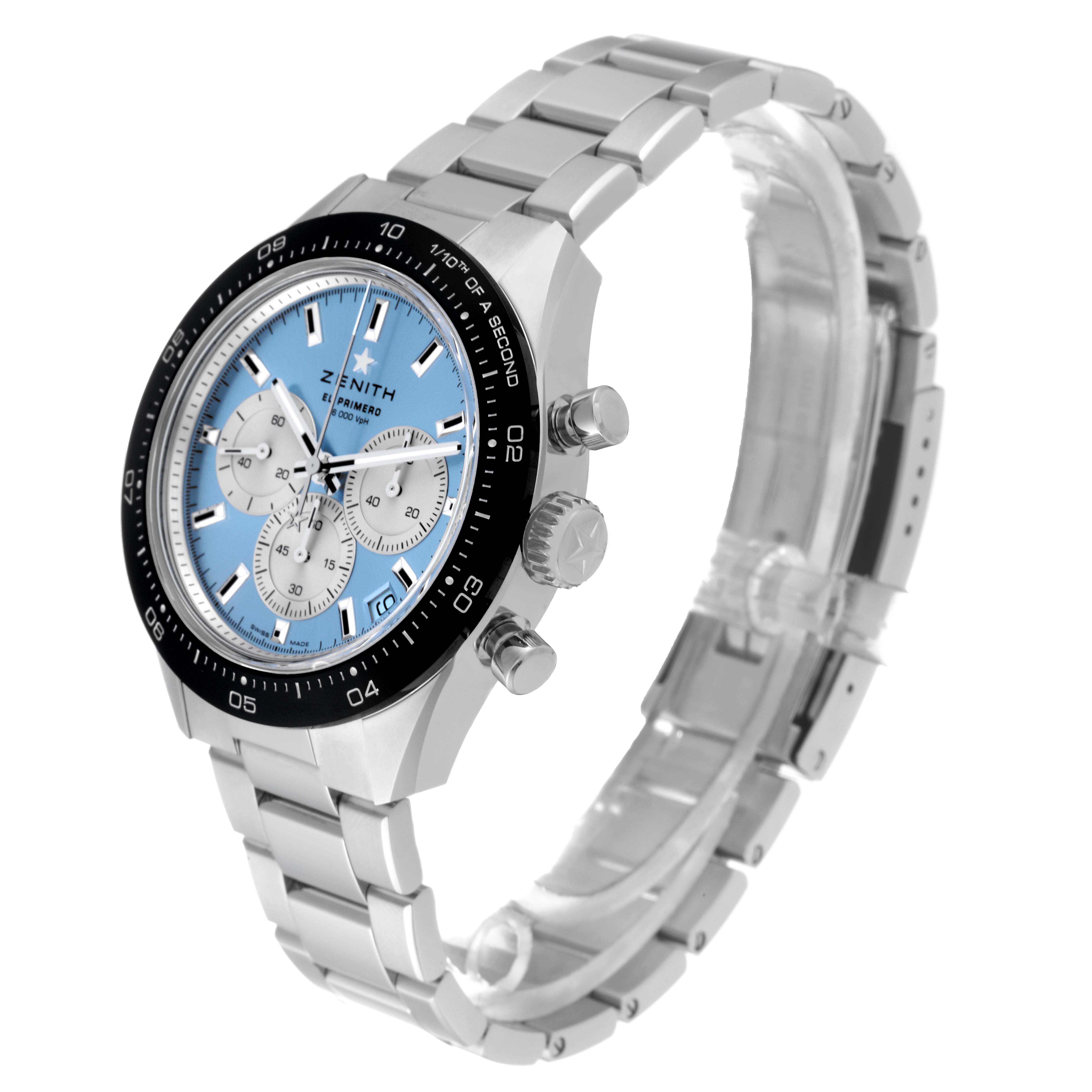 The image shows a Zenith El Primero watch at a three-quarter angle, highlighting the watch face, bezel, and stainless steel bracelet.