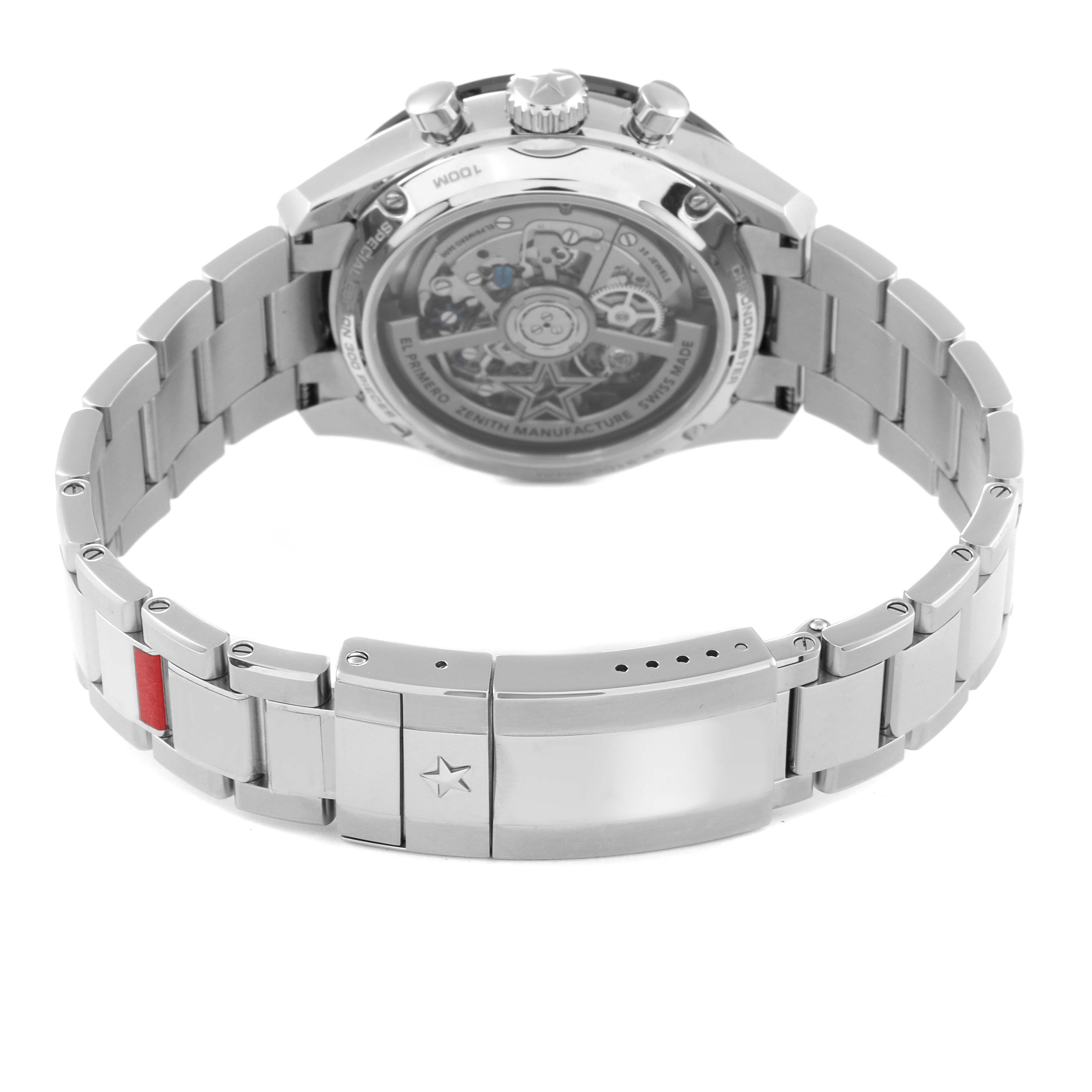 This image shows the back case and bracelet of a Zenith El Primero watch, highlighting the movement and clasp.