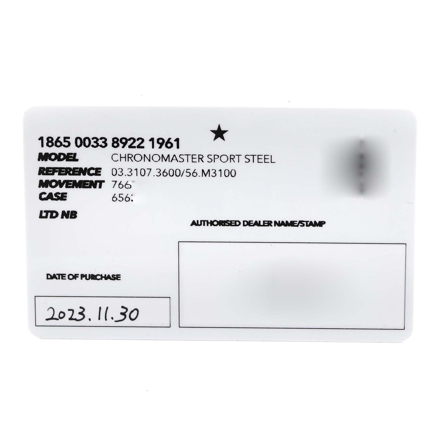 The image shows an identification card for the Zenith Chronomaster 03.3107.3600/56.M3100 Men's Stainless Steel Green Dial 03.3107.3600/56.M3100 Men's Stainless Steel Green Dial Sport Steel watch, detailing model, reference, movement, and case information.