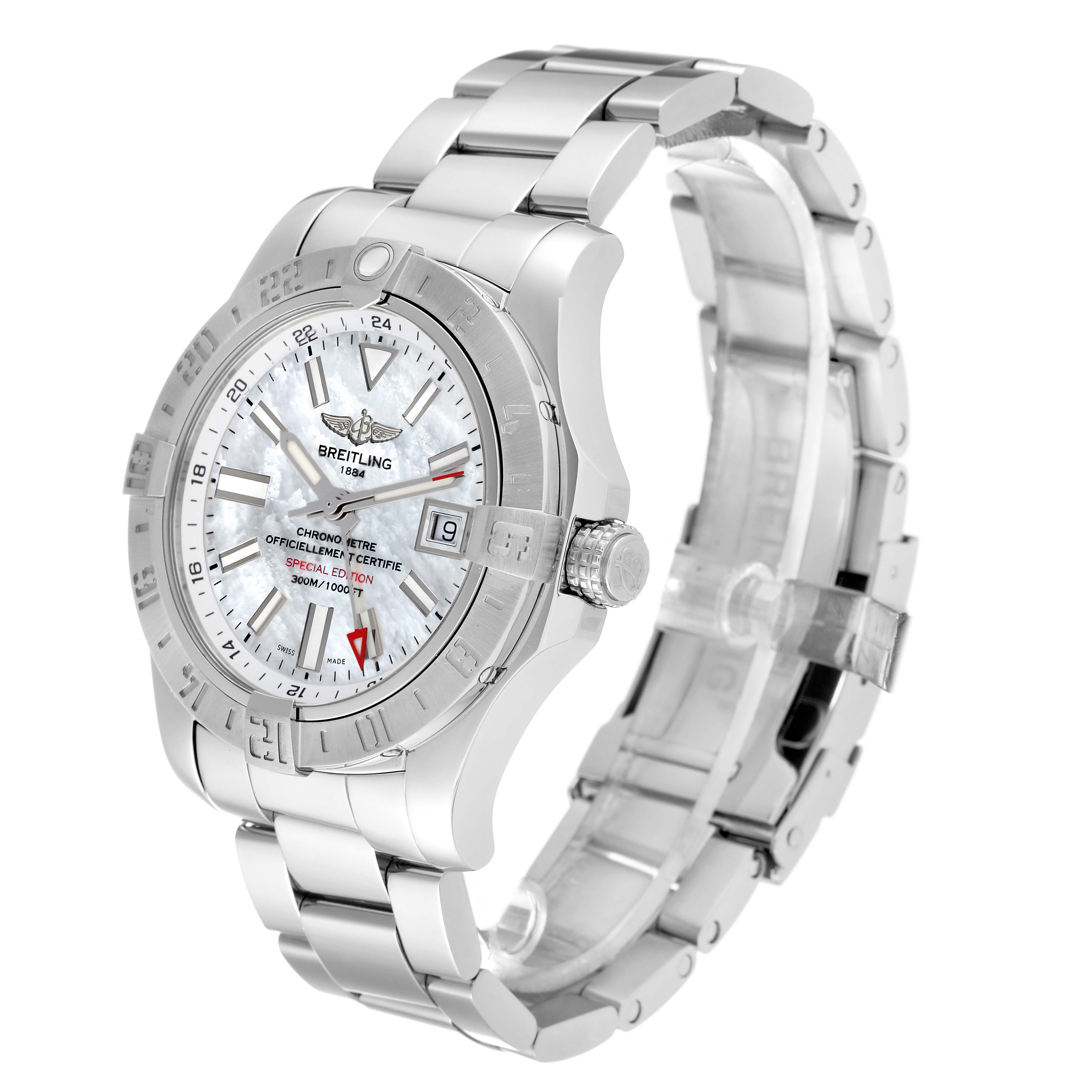 The image displays a Breitling Avenger A32390 Men's Stainless Steel Mother of Pearl Dial A32390 Men's Stainless Steel Mother of Pearl Dial watch at a three-quarter angle, showcasing its face, bezel, and stainless steel bracelet.