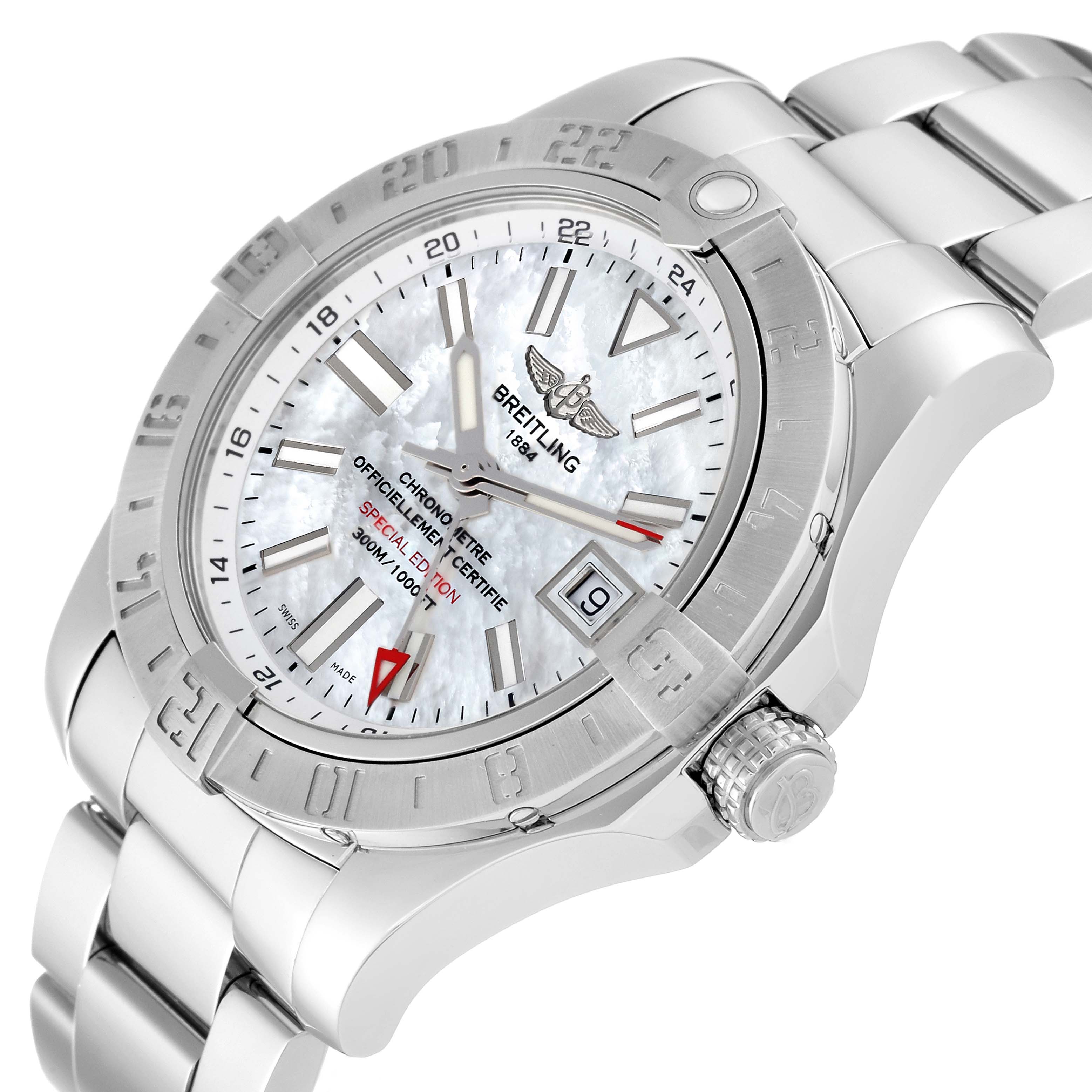 The Breitling Avenger A32390 Men's Stainless Steel Mother of Pearl Dial A32390 Men's Stainless Steel Mother of Pearl Dial watch is shown from an angled side view, highlighting its face, bezel, and part of the bracelet.