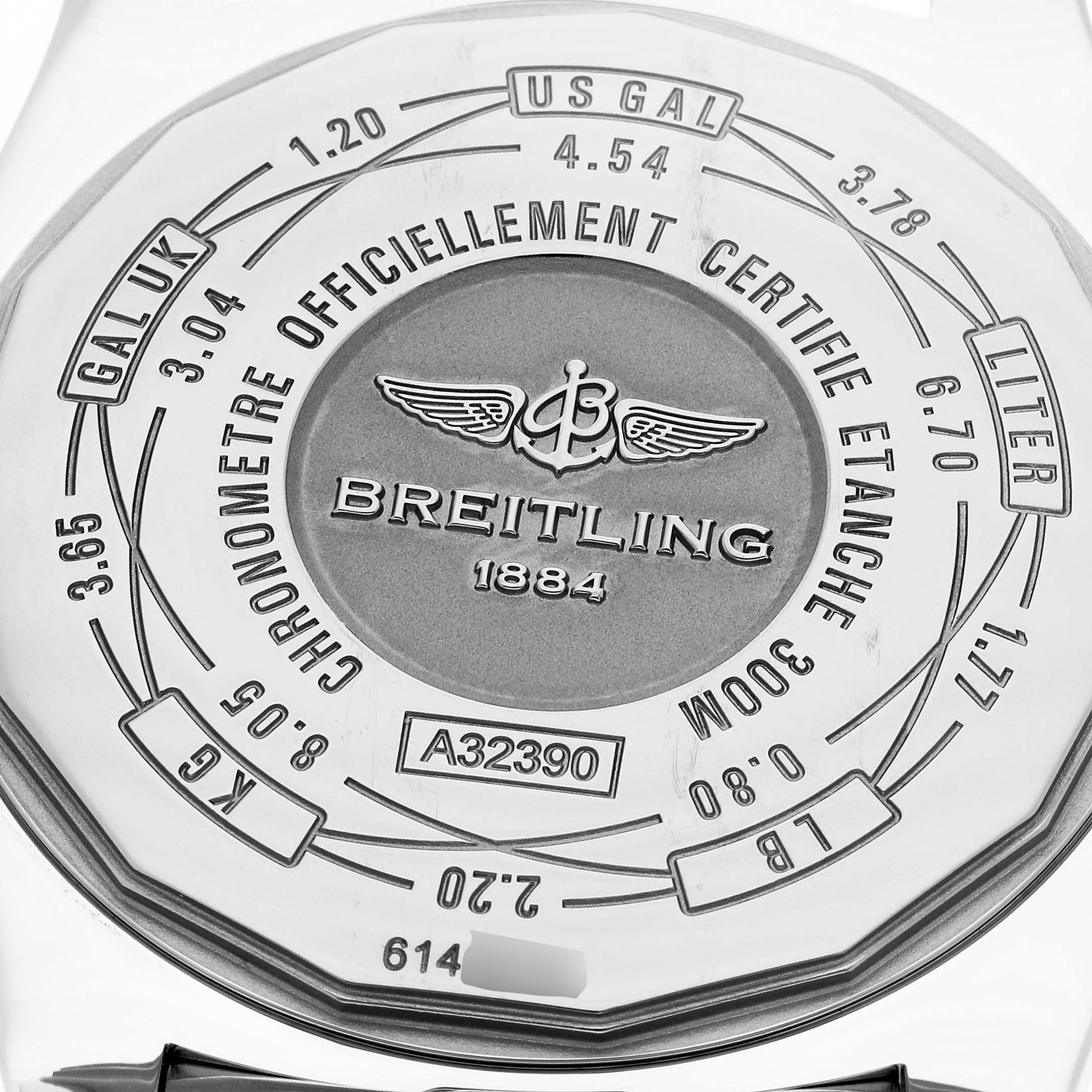 The image shows the back case of the Breitling Avenger A32390 Men's Stainless Steel Mother of Pearl Dial A32390 Men's Stainless Steel Mother of Pearl Dial watch, displaying various unit conversions and the model number A32390.