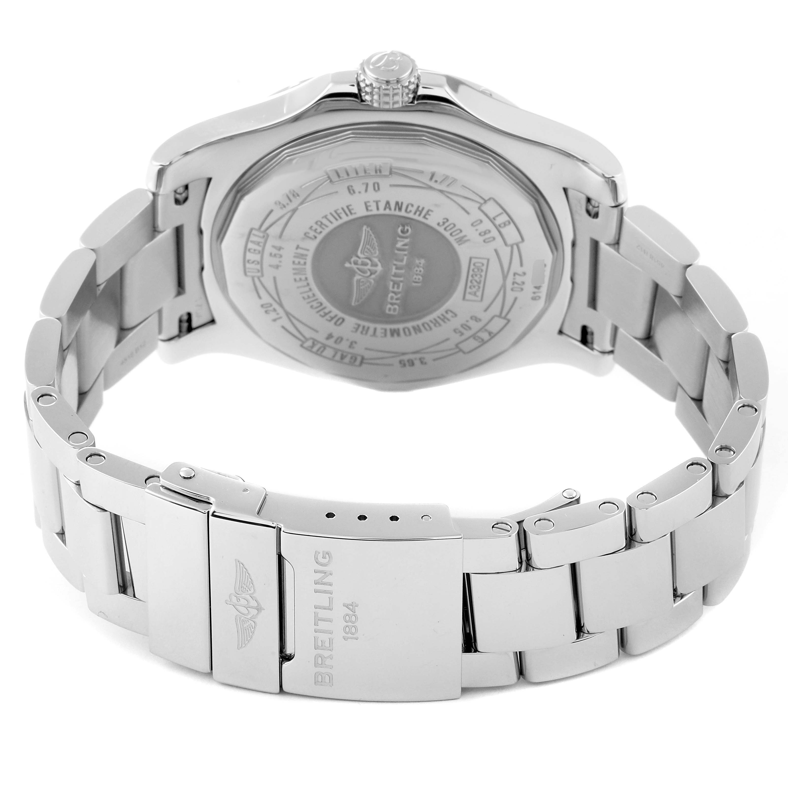 This image shows the back view of a Breitling Avenger A32390 Men's Stainless Steel Mother of Pearl Dial A32390 Men's Stainless Steel Mother of Pearl Dial watch, highlighting the case back and metal bracelet.