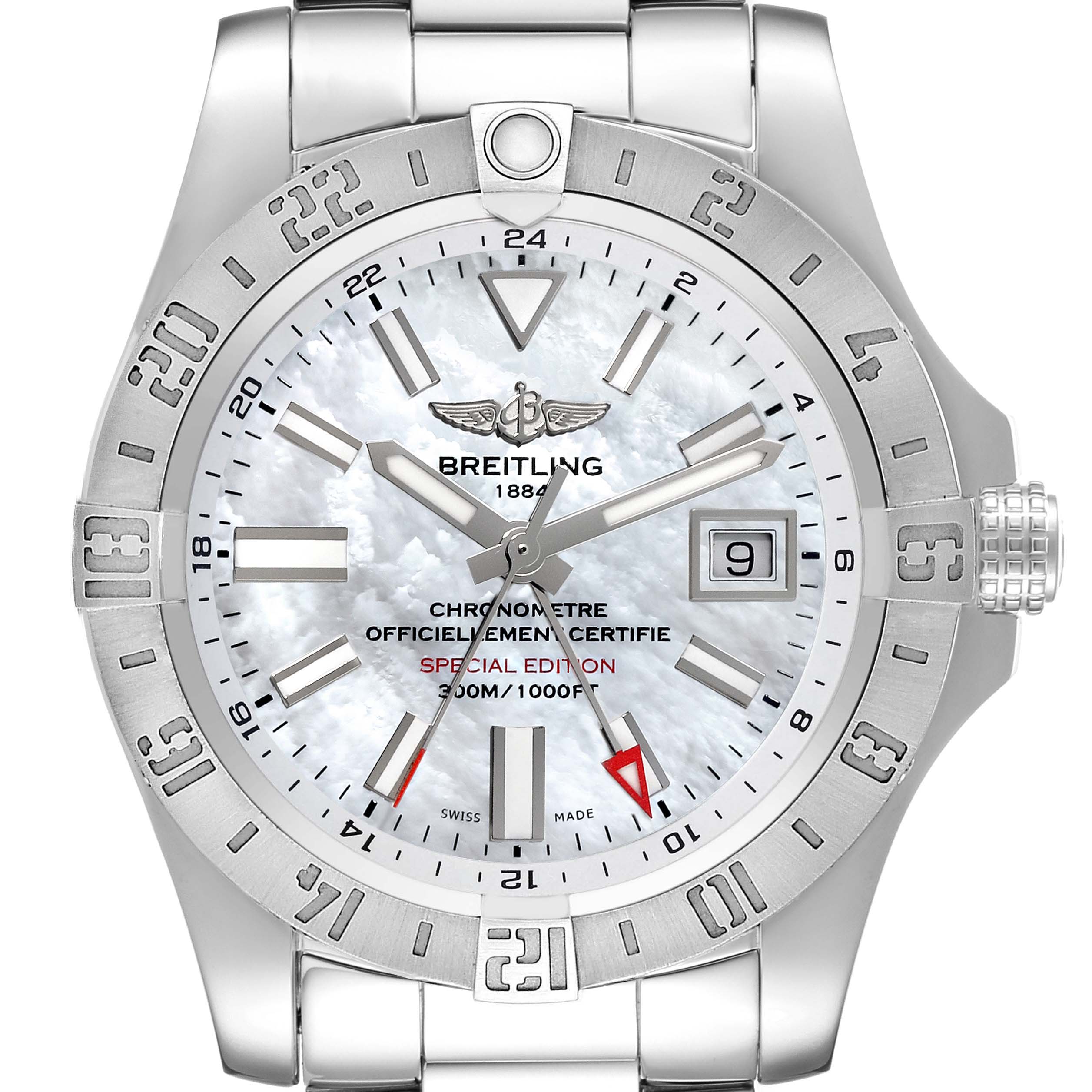 The image shows a front view of the Breitling Avenger A32390 Men's Stainless Steel Mother of Pearl Dial A32390 Men's Stainless Steel Mother of Pearl Dial model watch, highlighting the face, bezel, indices, and crown.