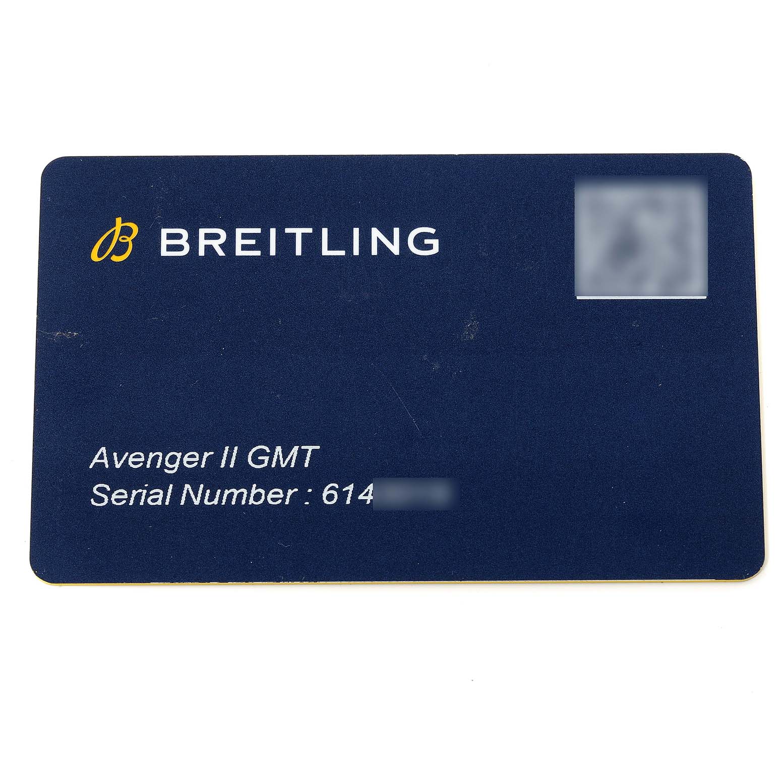 The image shows a Breitling Avenger A32390 Men's Stainless Steel Mother of Pearl Dial A32390 Men's Stainless Steel Mother of Pearl Dial II GMT warranty card from a top-down angle.