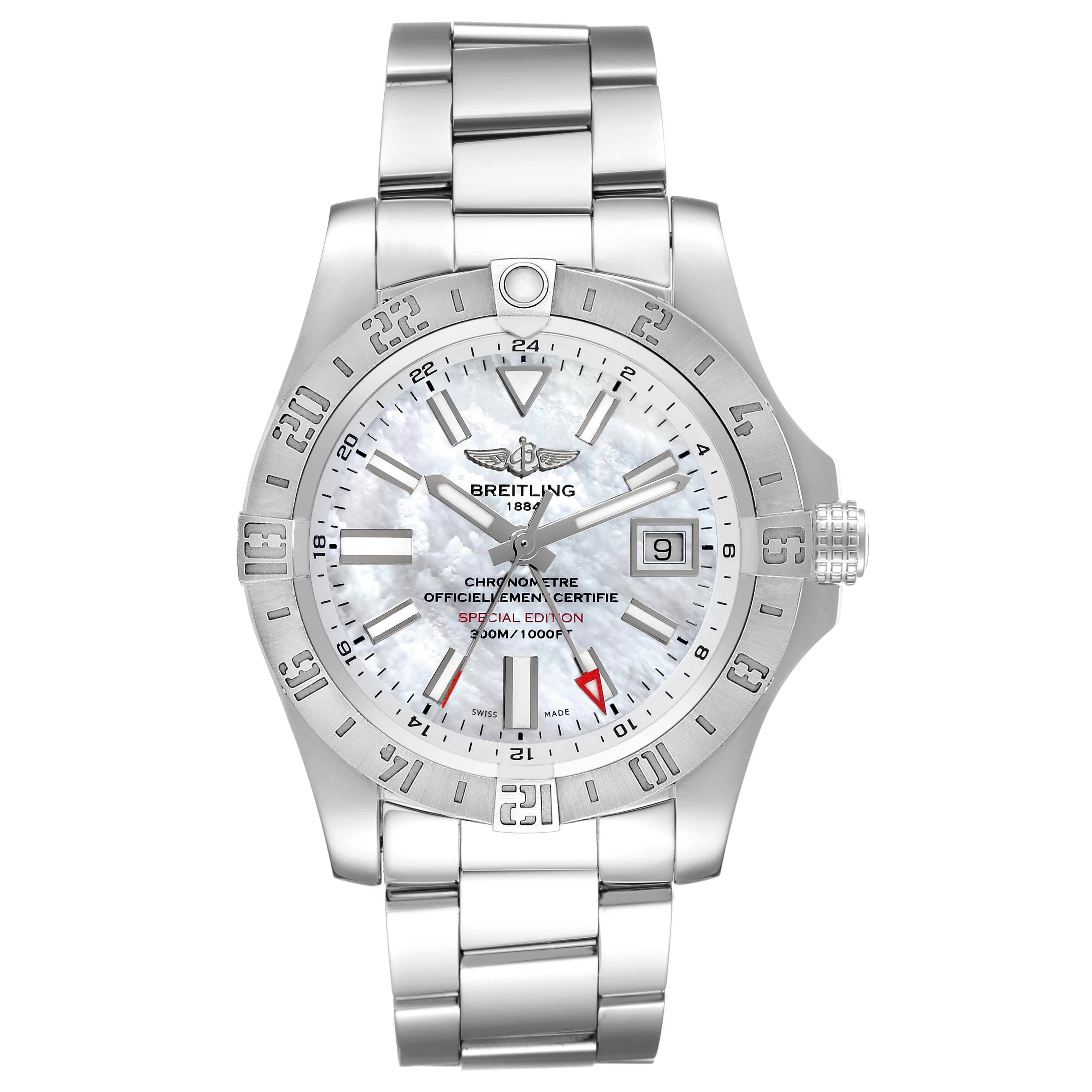The image shows a front view of the Breitling Avenger A32390 Men's Stainless Steel Mother of Pearl Dial A32390 Men's Stainless Steel Mother of Pearl Dial watch, highlighting its face, bezel, dial, and metal bracelet.
