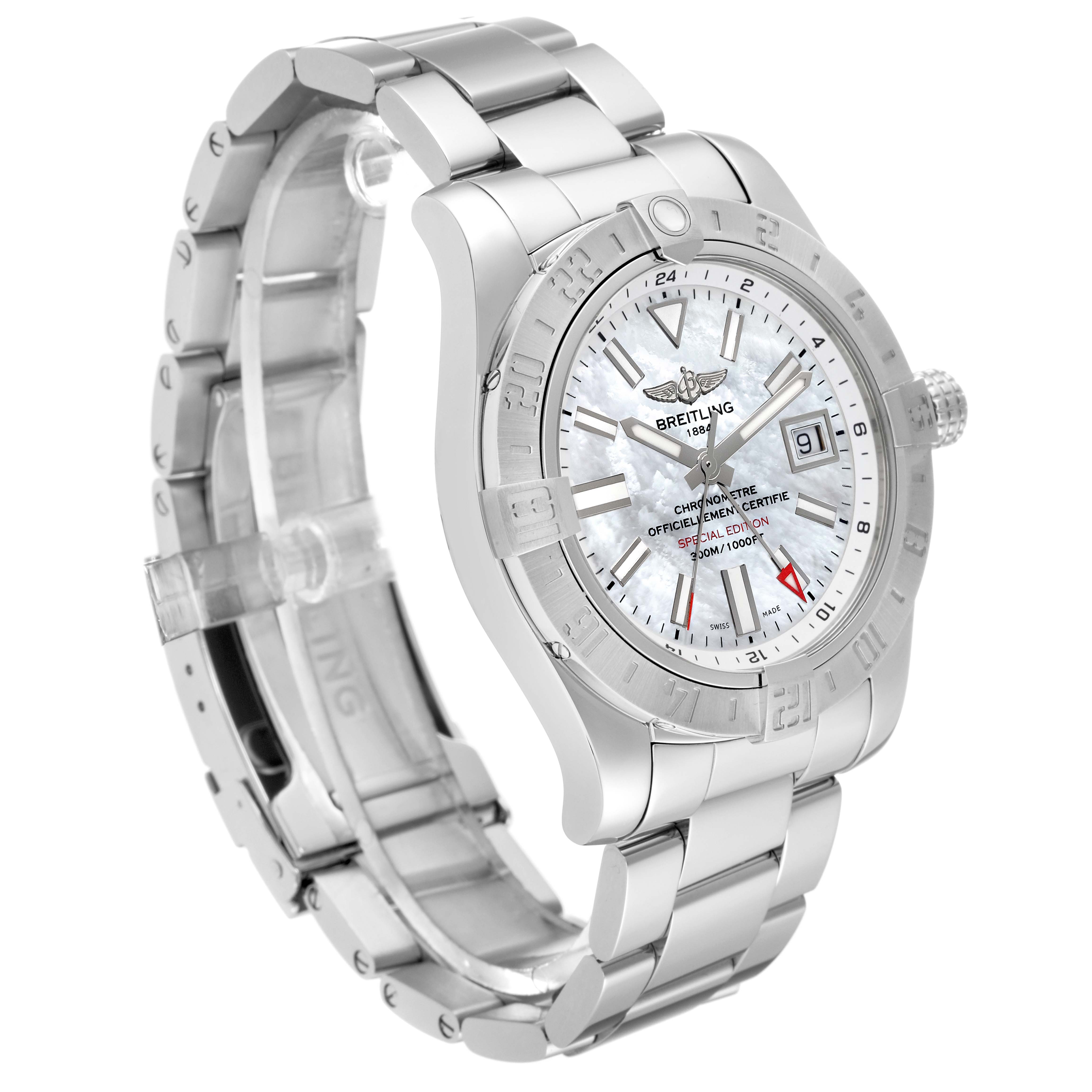 This image shows a Breitling Avenger A32390 Men's Stainless Steel Mother of Pearl Dial A32390 Men's Stainless Steel Mother of Pearl Dial watch at a slightly angled view, featuring its dial, bezel, crown, and bracelet.