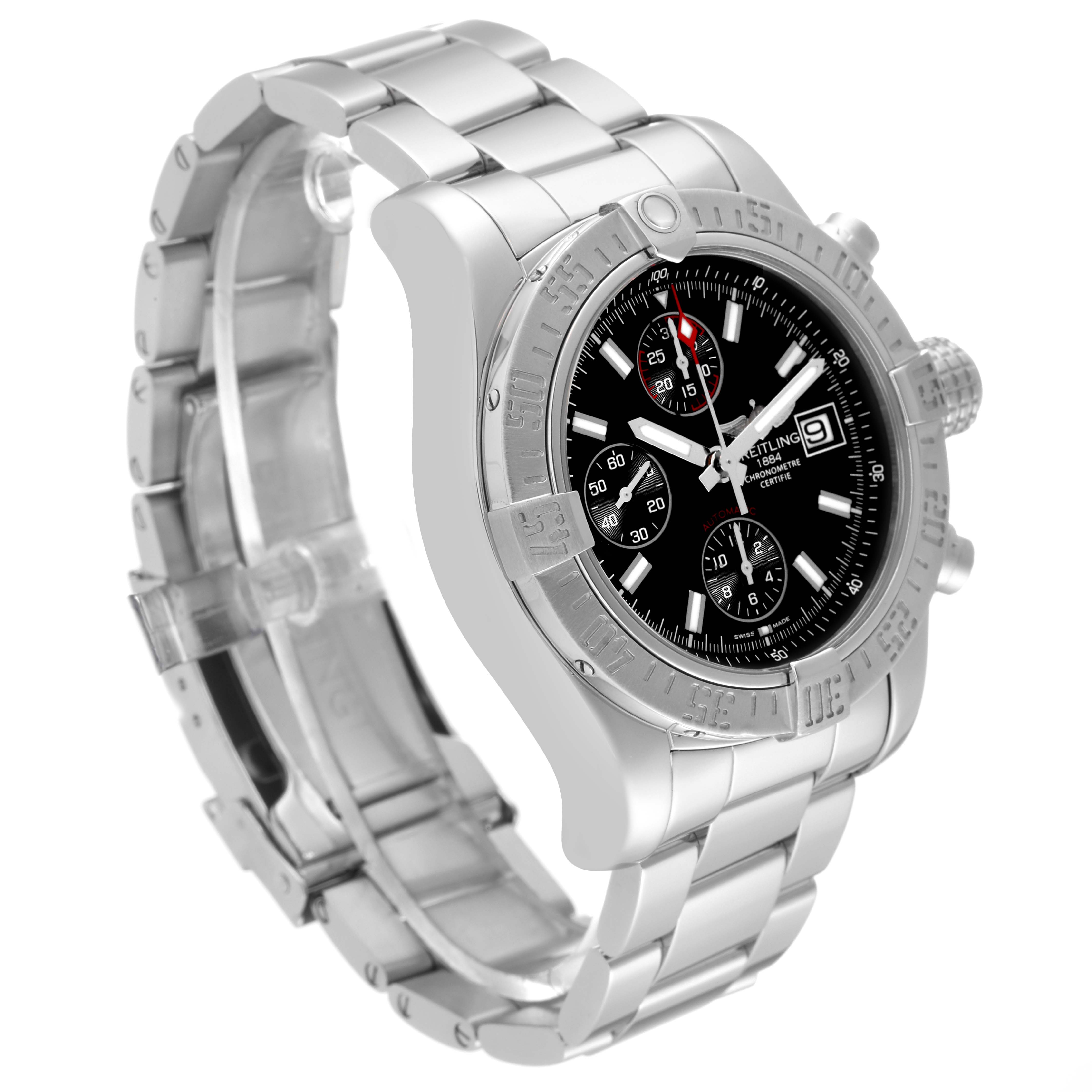 The Breitling Avenger A13381 Men's Stainless Steel Black Dial A13381 Men's Stainless Steel Black Dial watch is shown at a three-quarter angle, highlighting the dial, bezel, and metal bracelet.