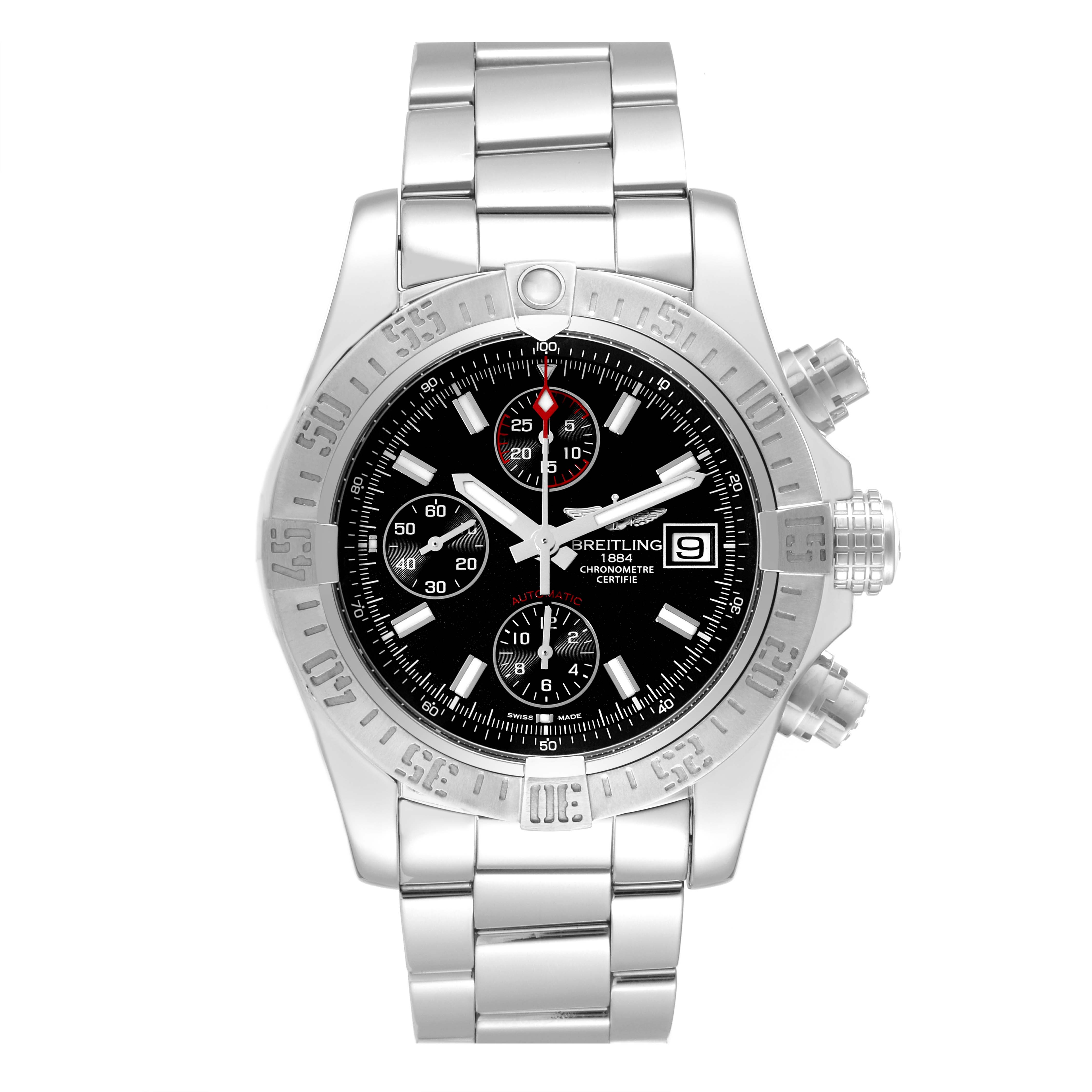 The Breitling Avenger A13381 Men's Stainless Steel Black Dial A13381 Men's Stainless Steel Black Dial watch is displayed from a straight-on angle, showing the face, bezel, chronographs, and bracelet.