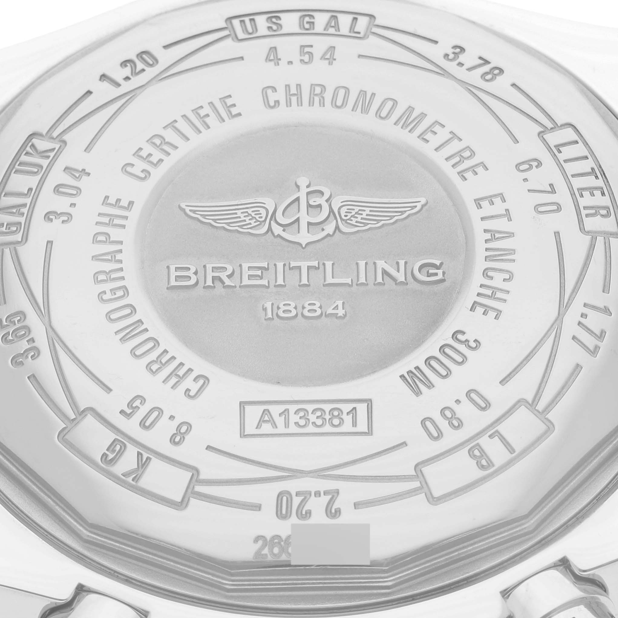 This image shows the case back of the Breitling Avenger A13381 Men's Stainless Steel Black Dial A13381 Men's Stainless Steel Black Dial model watch with various specifications engraved.