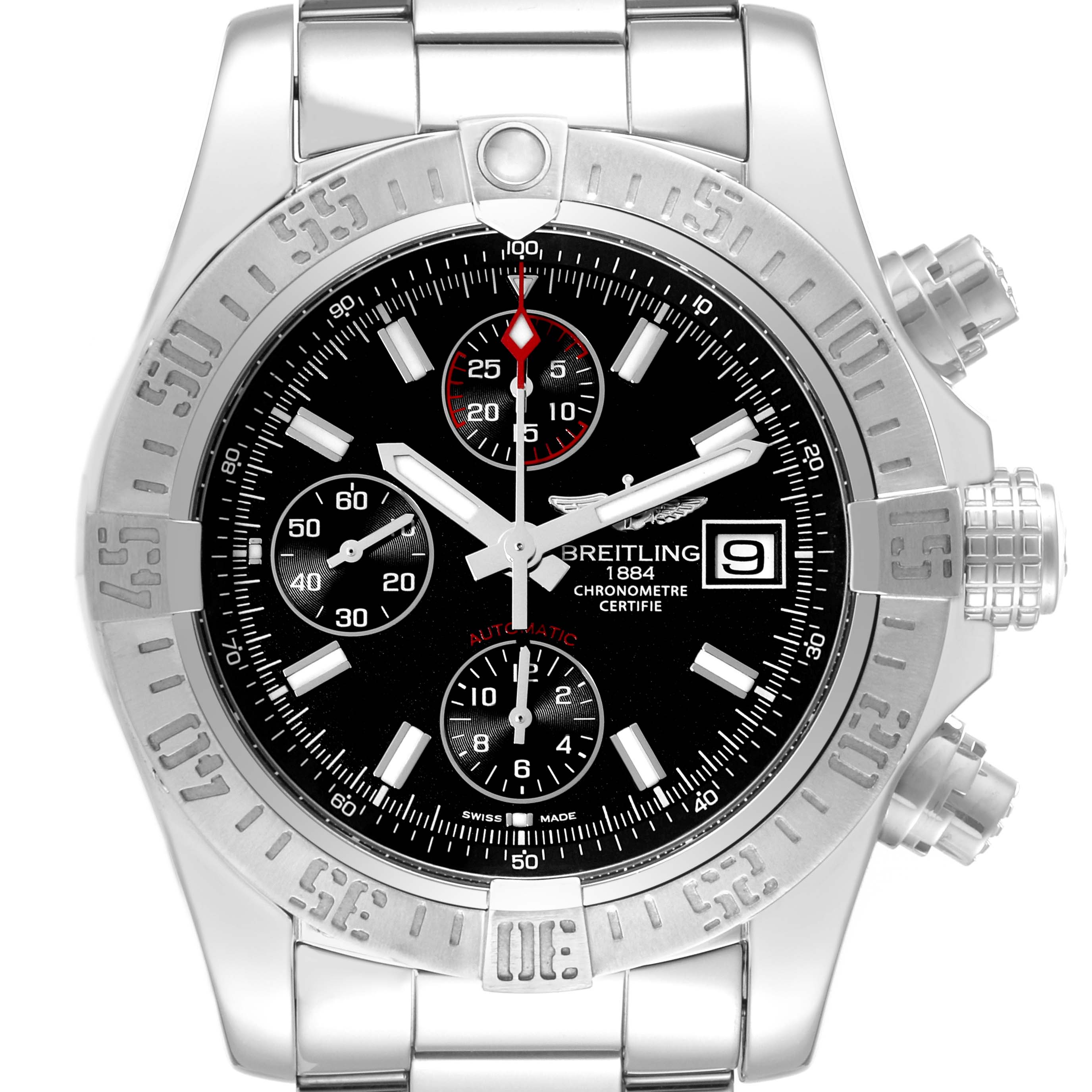 The image shows a front view of a Breitling Avenger A13381 Men's Stainless Steel Black Dial A13381 Men's Stainless Steel Black Dial watch, displaying the dial, chronograph subdials, date window, and metal bracelet.