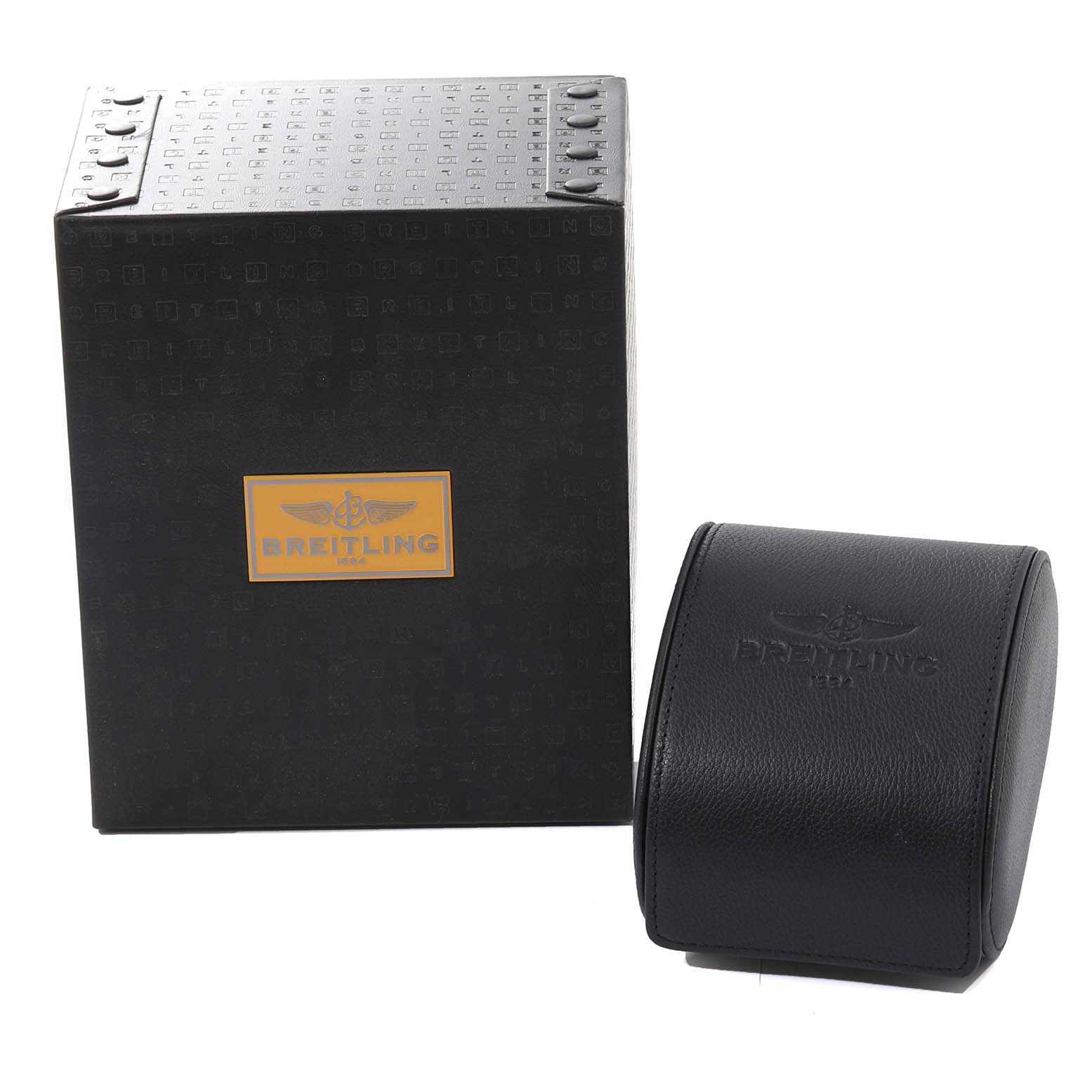 The image shows the packaging box and the leather case for the Breitling Avenger A13381 Men's Stainless Steel Black Dial A13381 Men's Stainless Steel Black Dial watch.