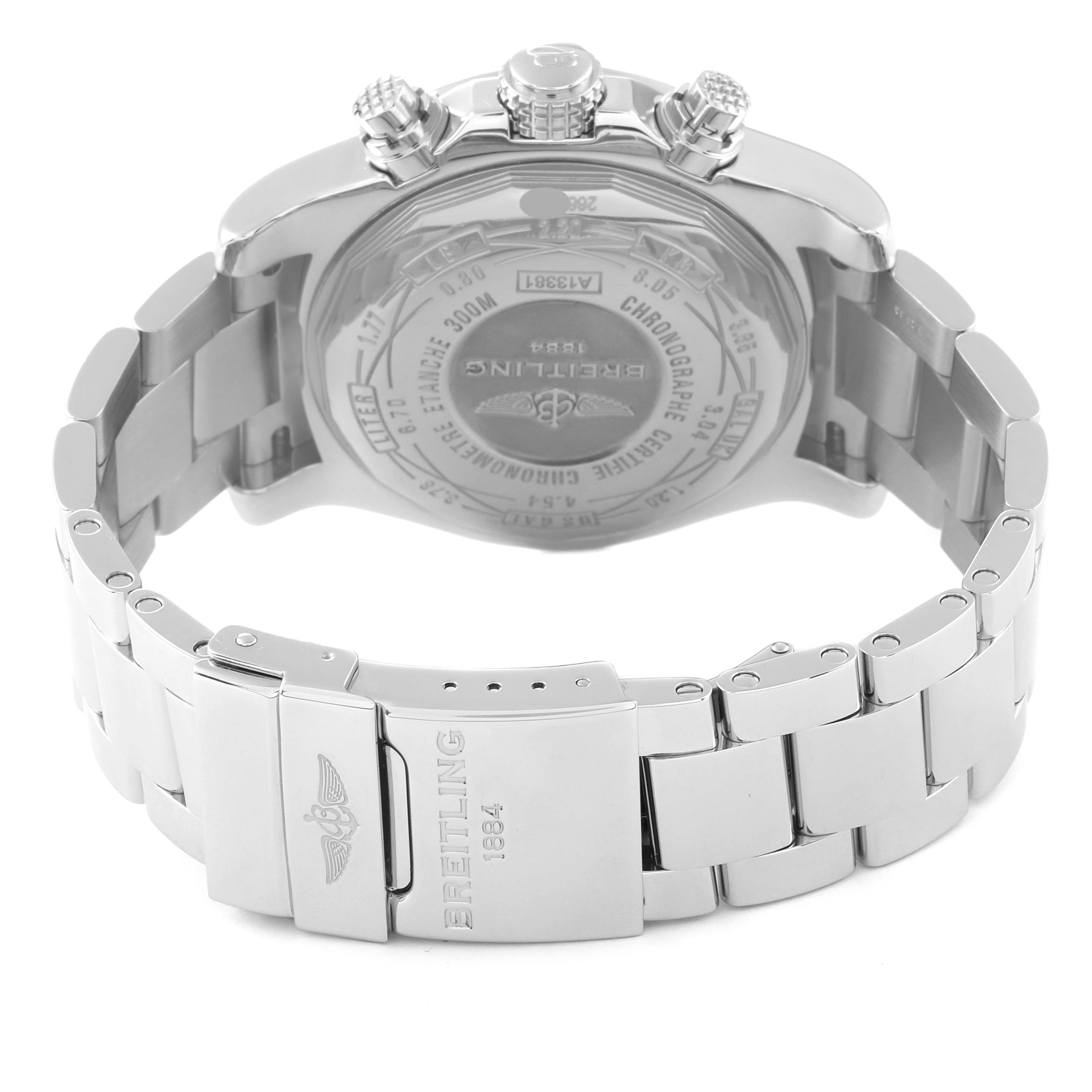 This image shows the back and bracelet of a Breitling Avenger A13381 Men's Stainless Steel Black Dial A13381 Men's Stainless Steel Black Dial watch, highlighting the clasp and case back.