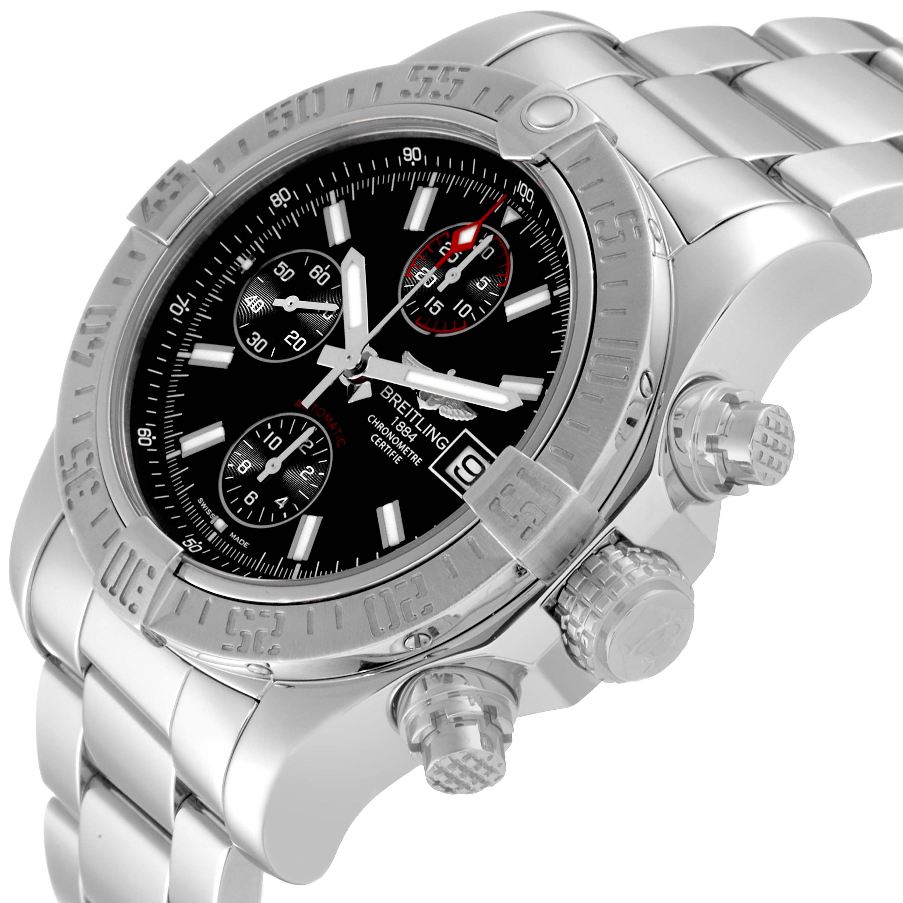 The Breitling Avenger A13381 Men's Stainless Steel Black Dial A13381 Men's Stainless Steel Black Dial watch is shown at a slight side angle, highlighting the dial, bezel, subdials, crown, and part of the bracelet.