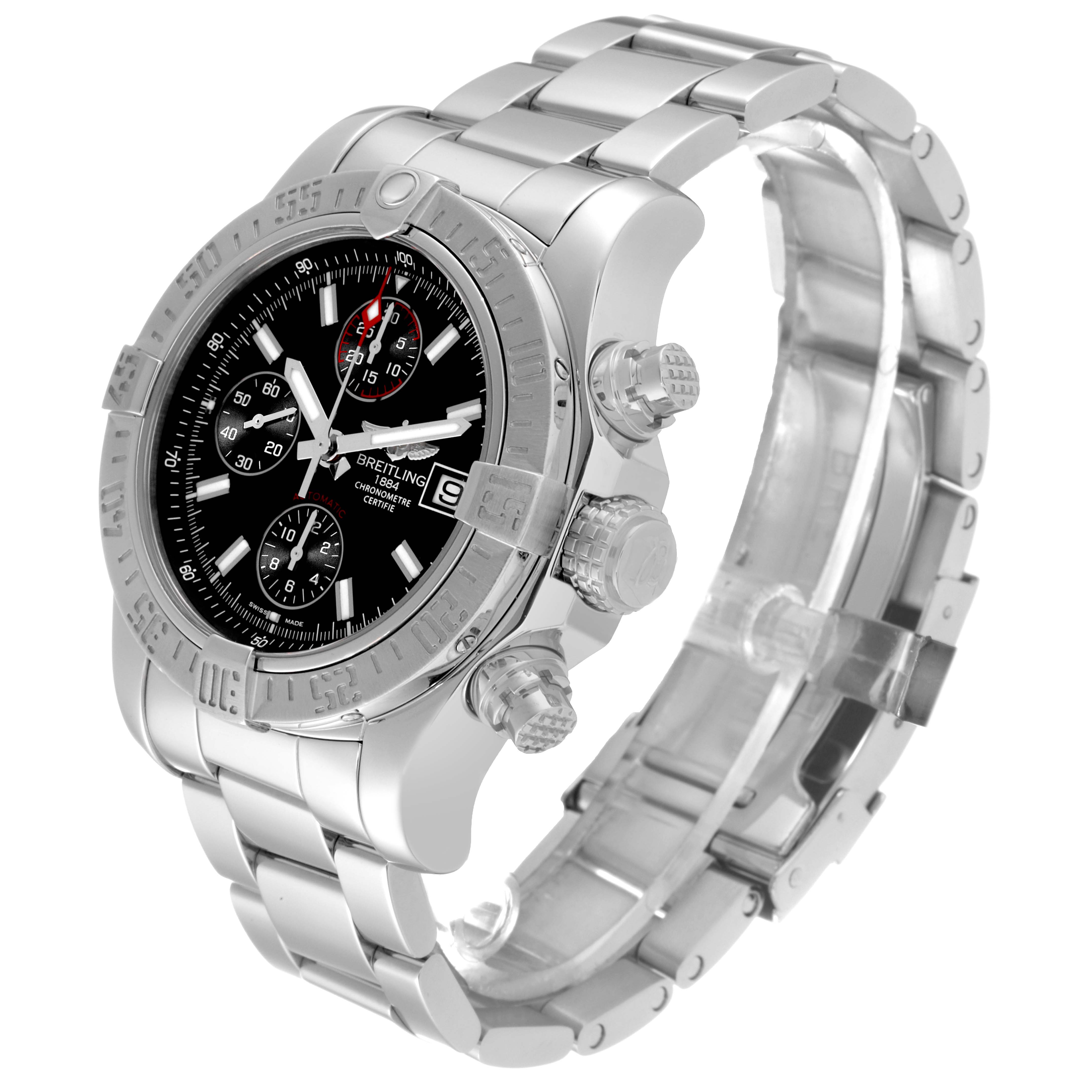 The Breitling Avenger A13381 Men's Stainless Steel Black Dial A13381 Men's Stainless Steel Black Dial watch is shown at an oblique angle, highlighting its face, bezel, and bracelet.