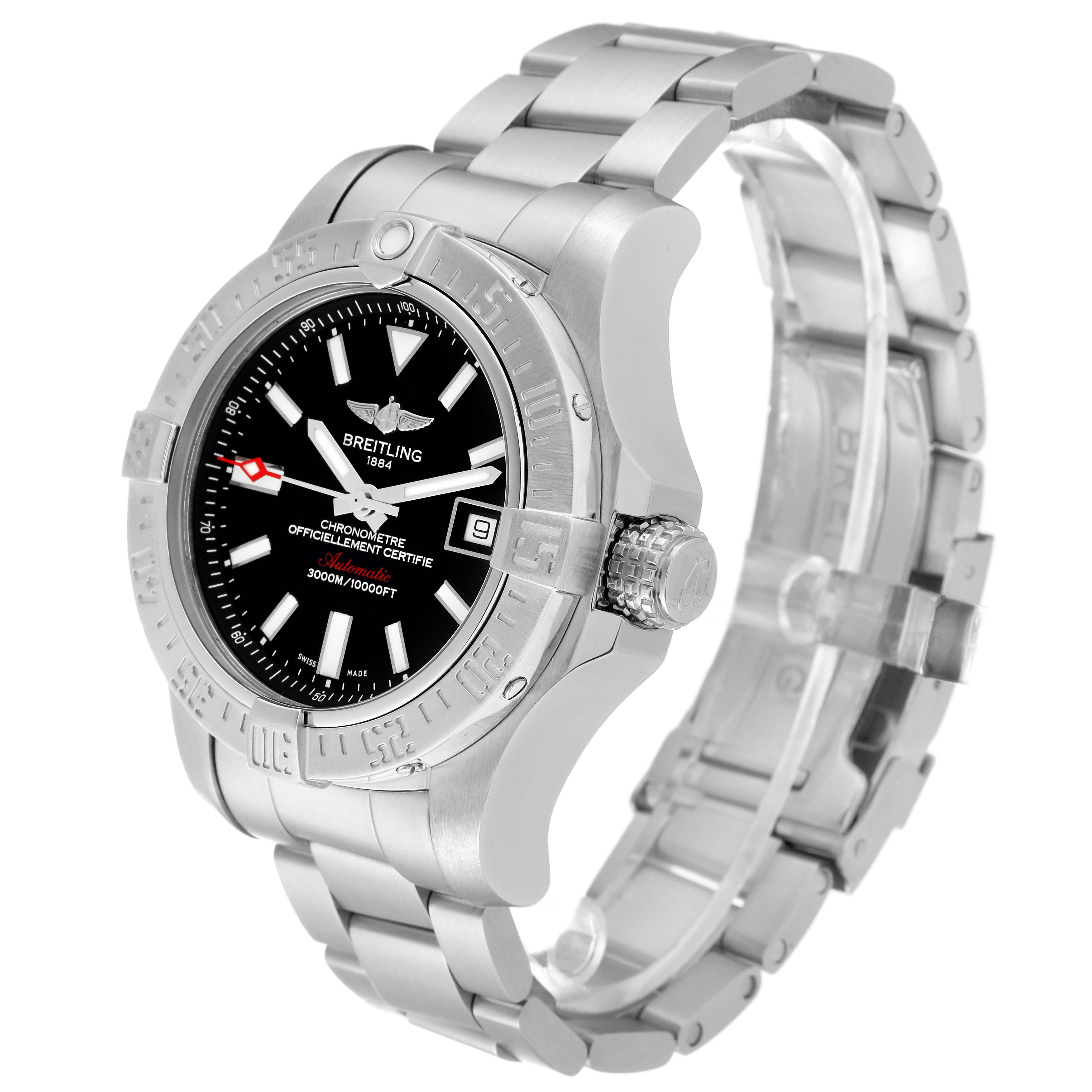 The Breitling Avenger A17331 Men's Stainless Steel Black Dial A17331 Men's Stainless Steel Black Dial watch is shown at an angled side view, displaying its bezel, dial, crown, and bracelet.